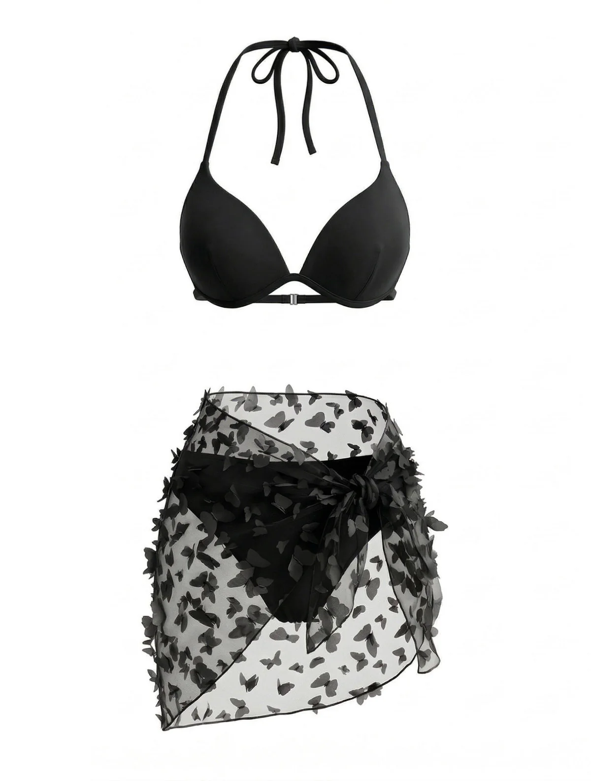 3PCS 1980s Halter Bikini Set & 3D Butterfly Sheer Cover-Up - Image 2