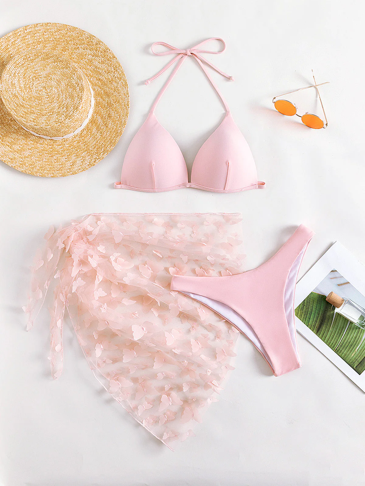 3PCS 1980s Halter Bikini Set & 3D Butterfly Sheer Cover-Up - Image 9