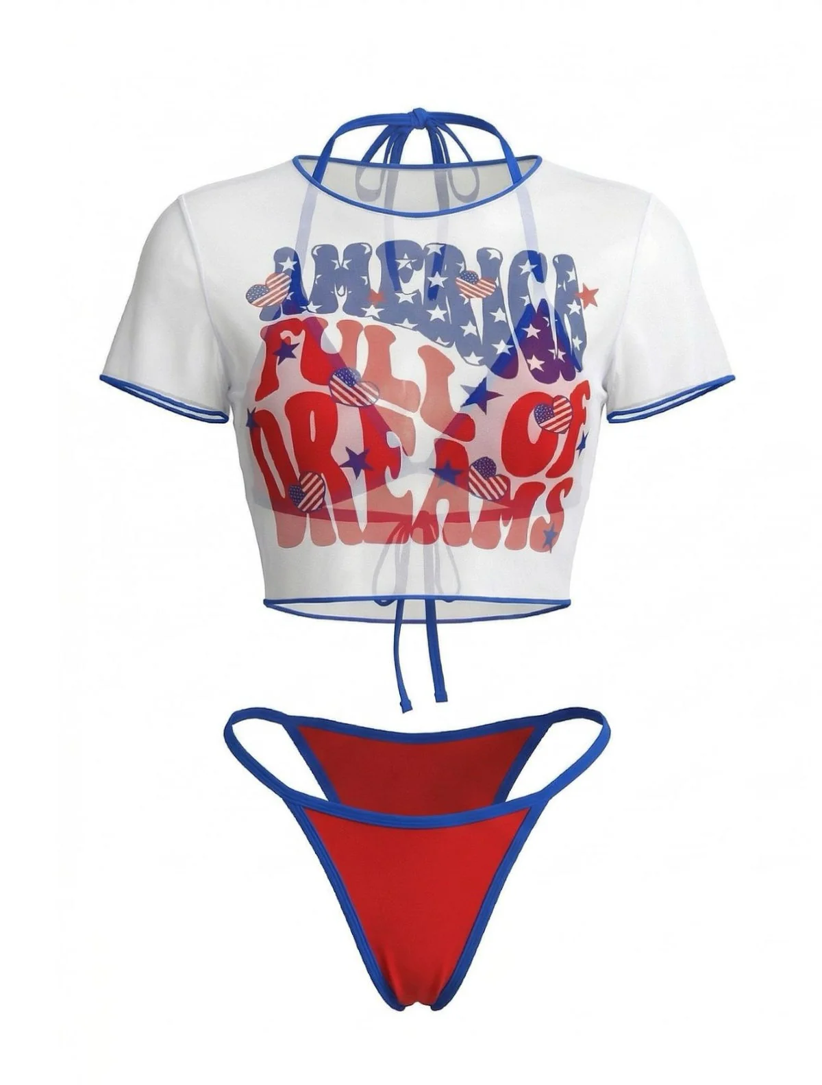 3PCS 1980s Patriotic Graphic Mesh Crop Top & Bikini Set - Image 4