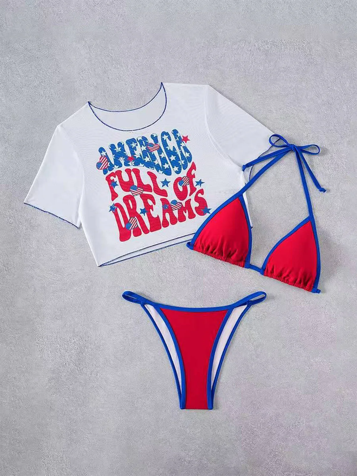 3PCS 1980s Patriotic Graphic Mesh Crop Top & Bikini Set - Image 6