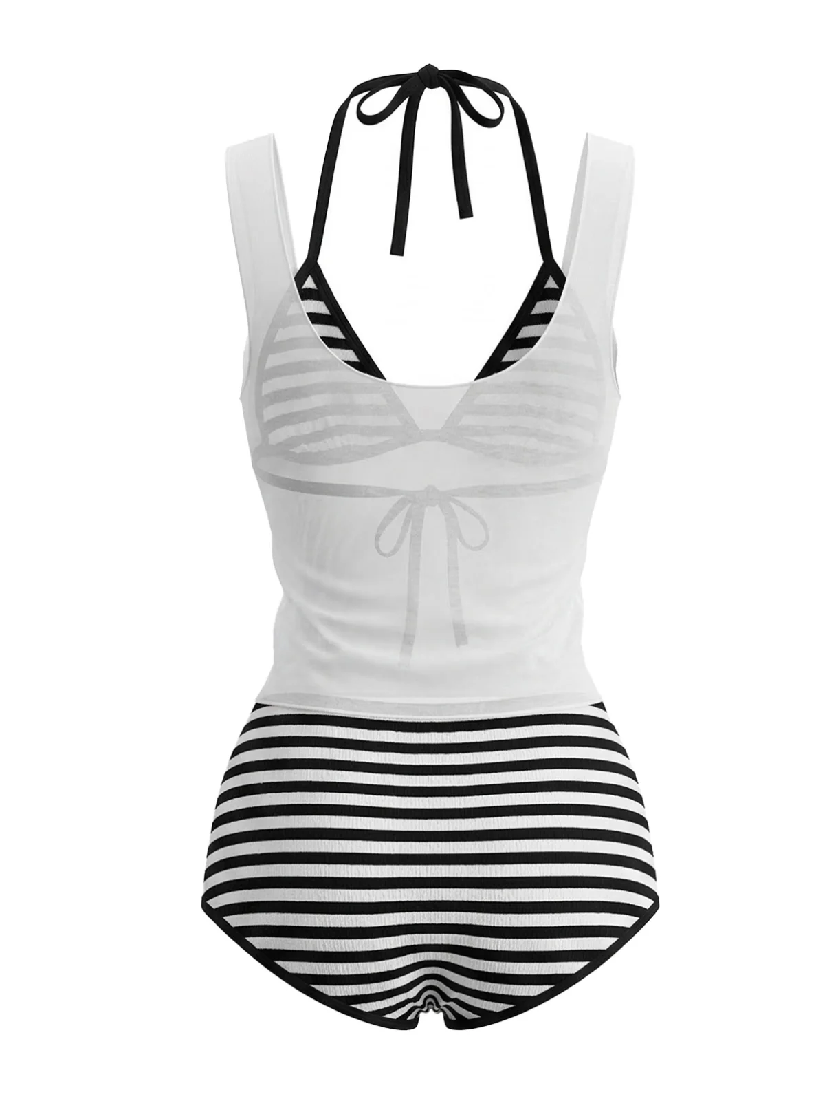 [Pre-Sale] 3PCS 1980s Striped Bikini Set & Sheer Cover-Up Tank - Image 2