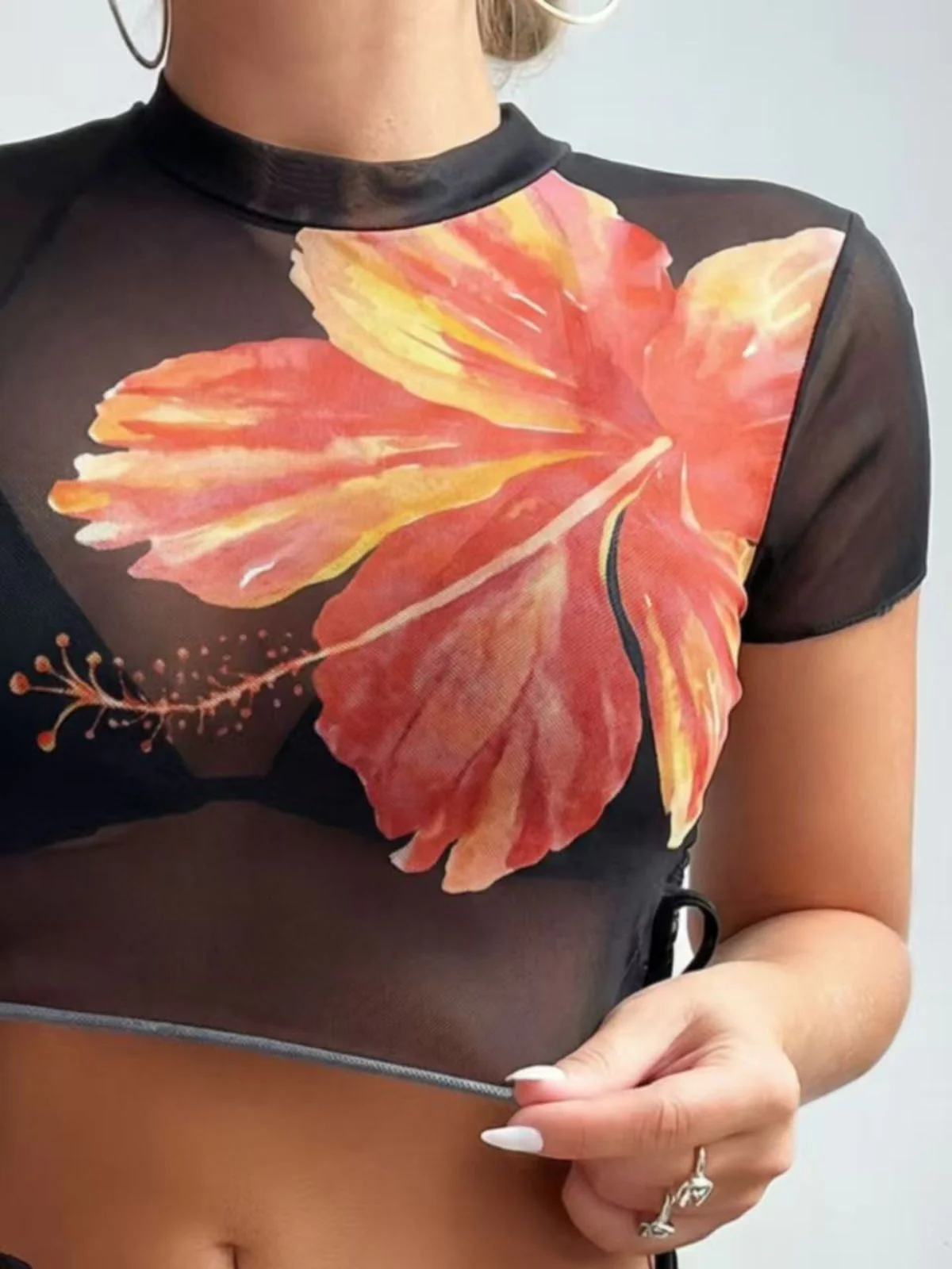 3PCS Black 1940s Sheer Tropical Floral Crop Top & Bikini Set - Image 4