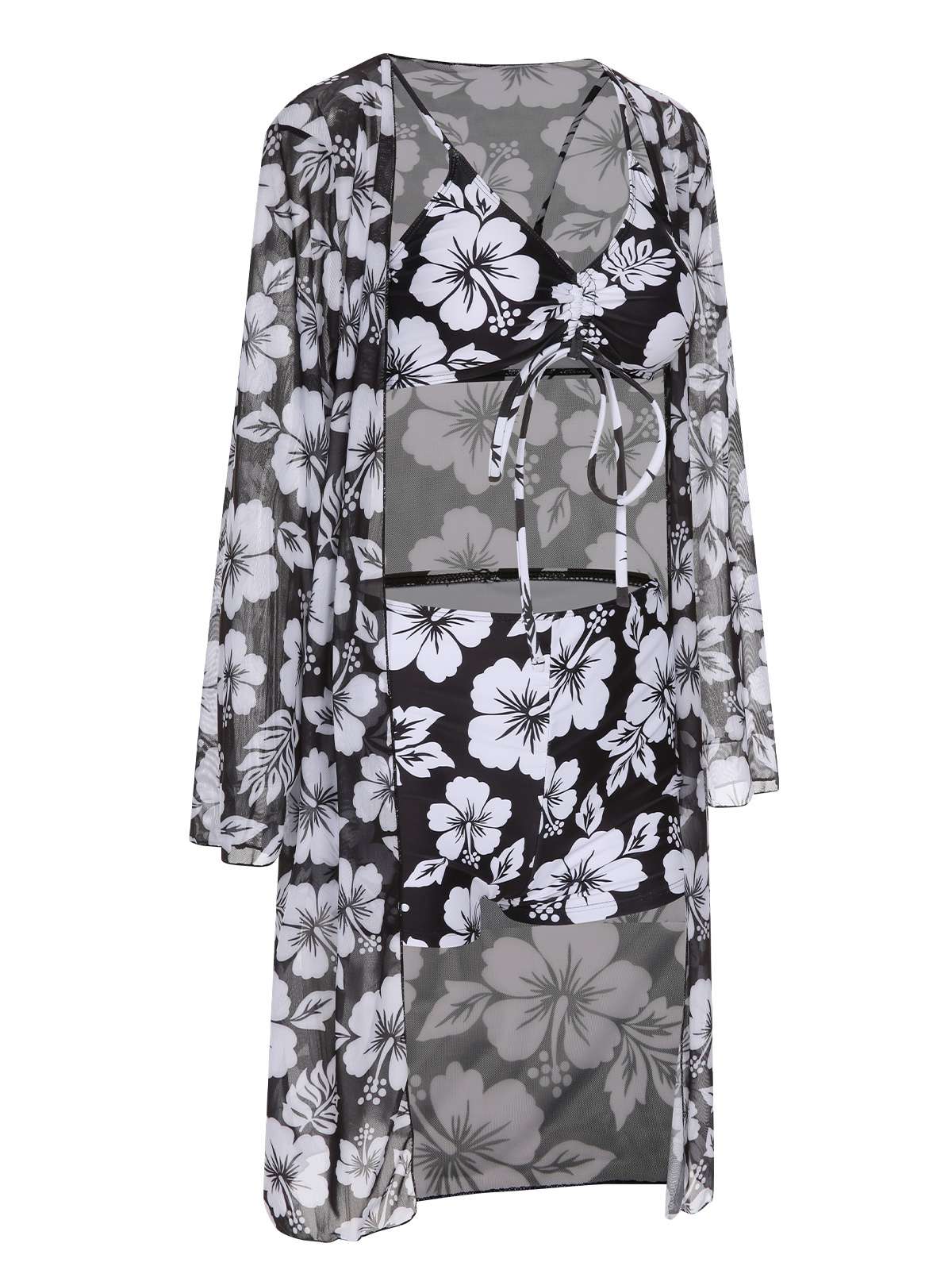 3PCS Black 1950s Flowers Swimsuit & Cover-Up - Image 2