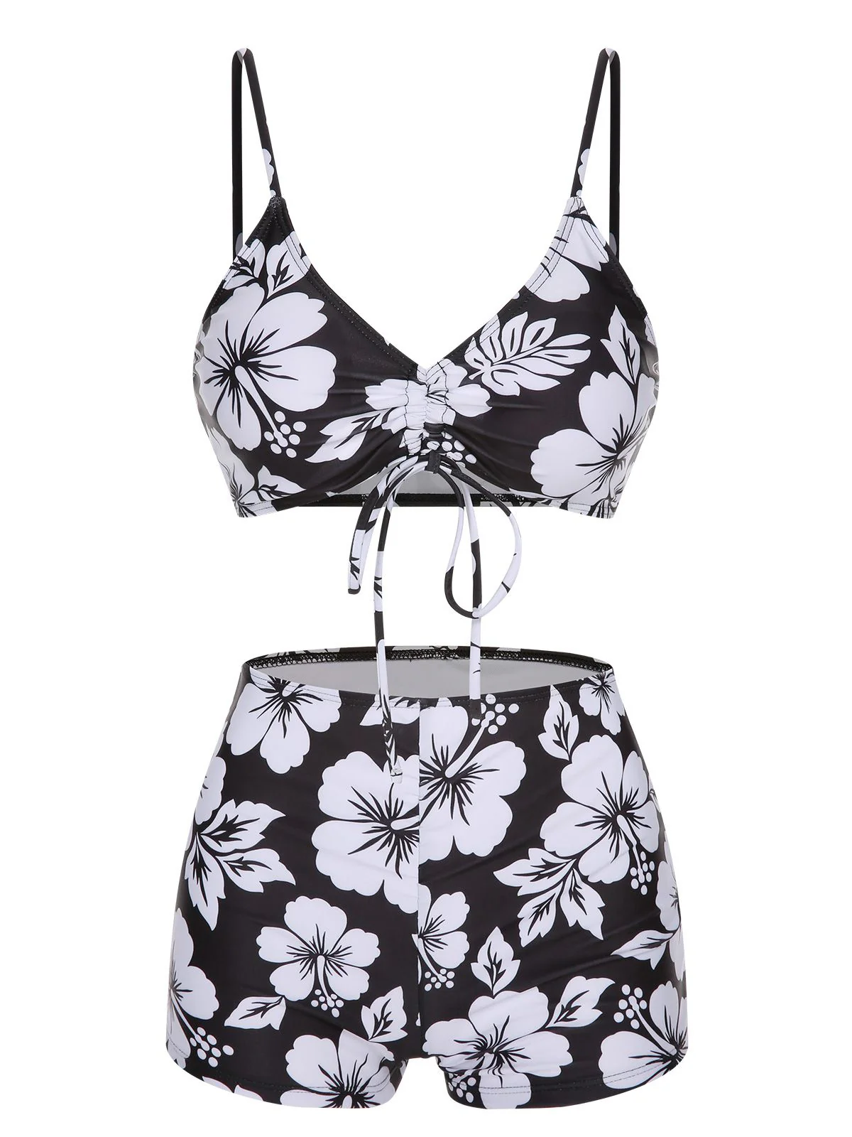 3PCS Black 1950s Flowers Swimsuit & Cover-Up - Image 4