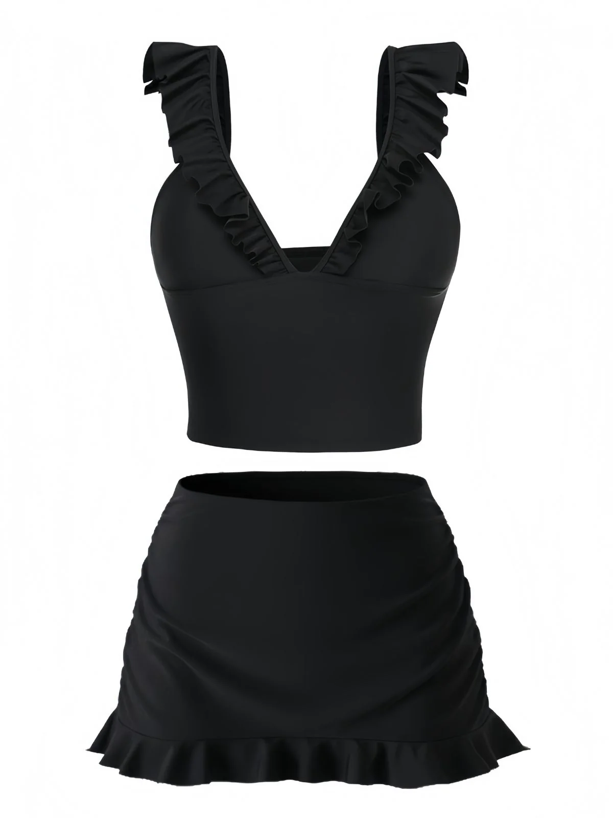 3PCS Black 1950s V-Neck Ruffled Bikini Skirt - Image 2