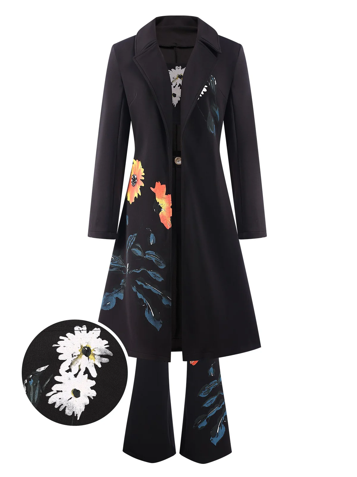 3PCS Black 1960s Floral Long Coat & Top & Pants Suit Set - Image 2