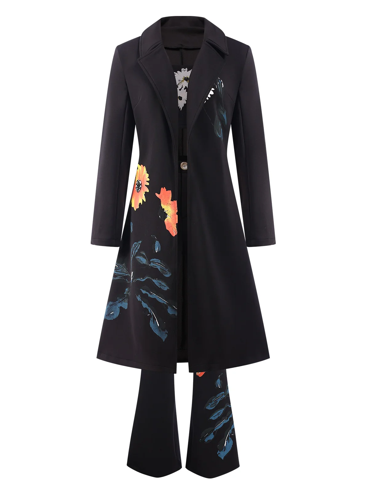 3PCS Black 1960s Floral Long Coat & Top & Pants Suit Set - Image 3