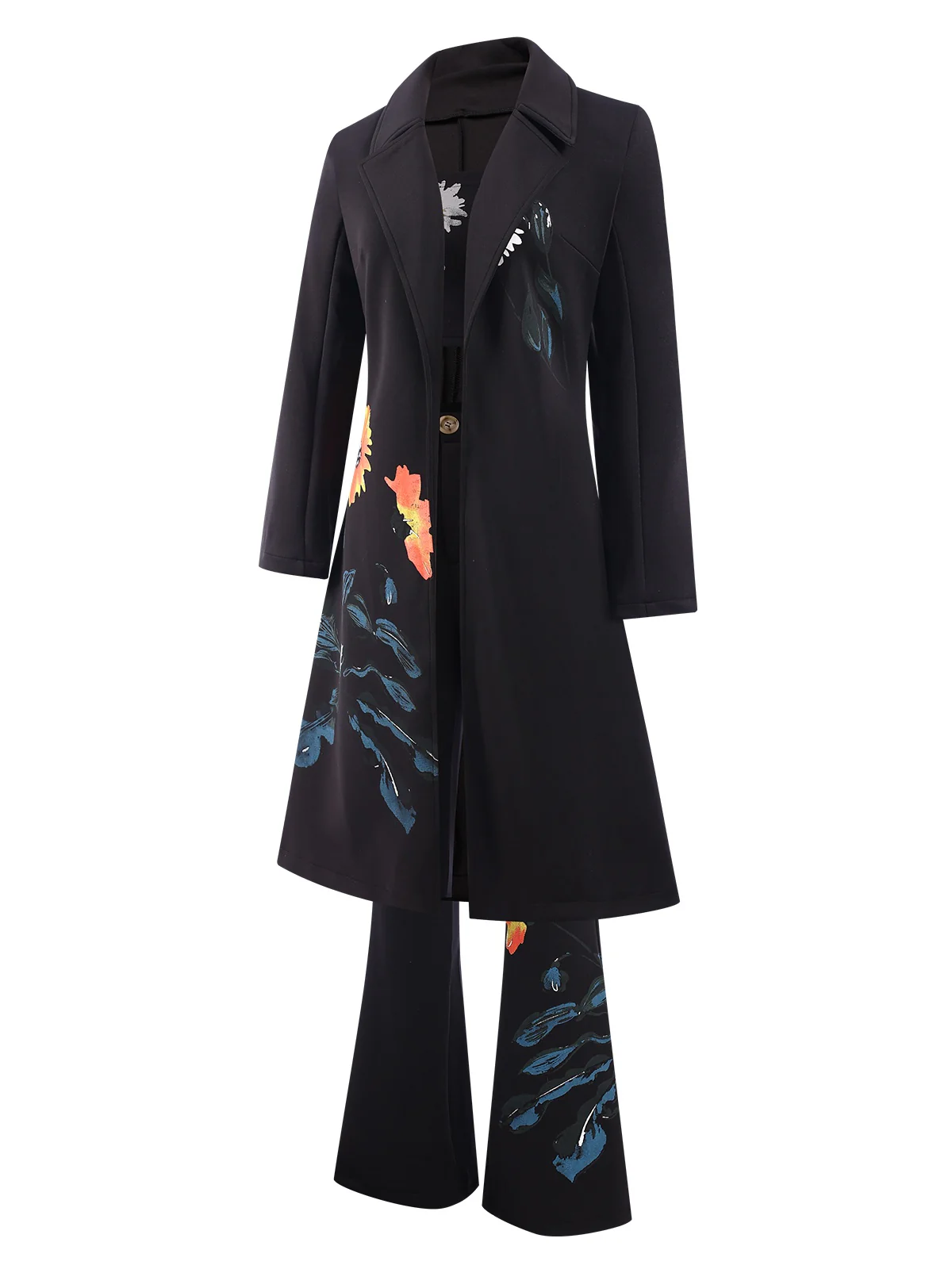 3PCS Black 1960s Floral Long Coat & Top & Pants Suit Set - Image 4