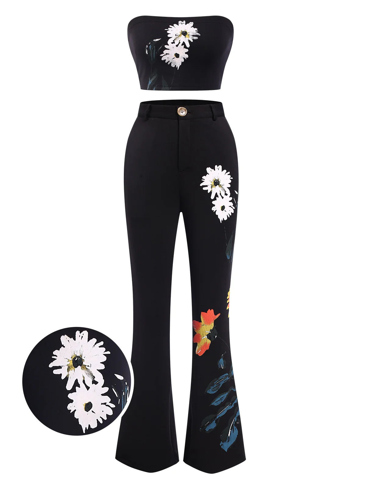 3PCS Black 1960s Floral Long Coat & Top & Pants Suit Set - Image 6