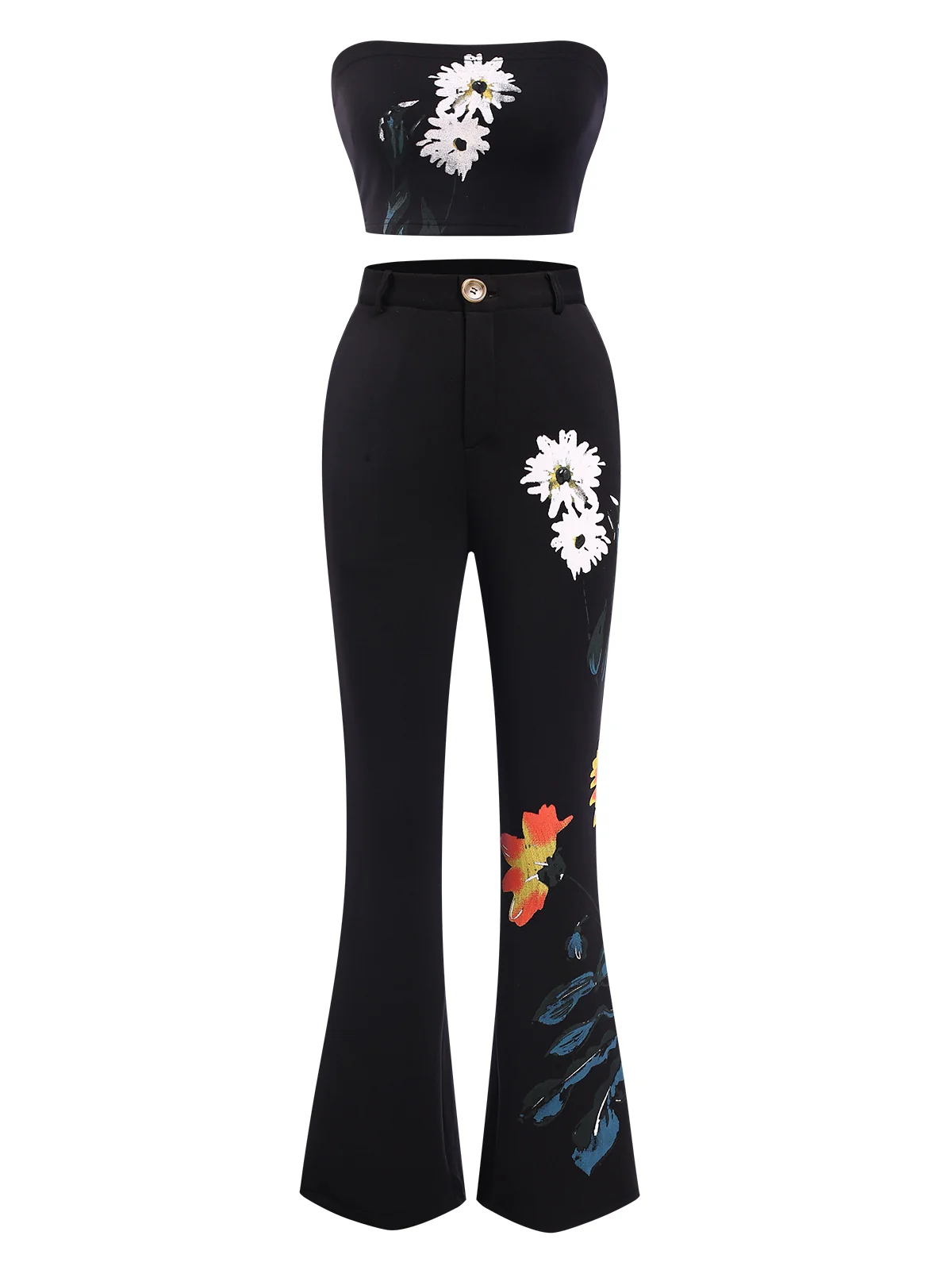 3PCS Black 1960s Floral Long Coat & Top & Pants Suit Set - Image 7