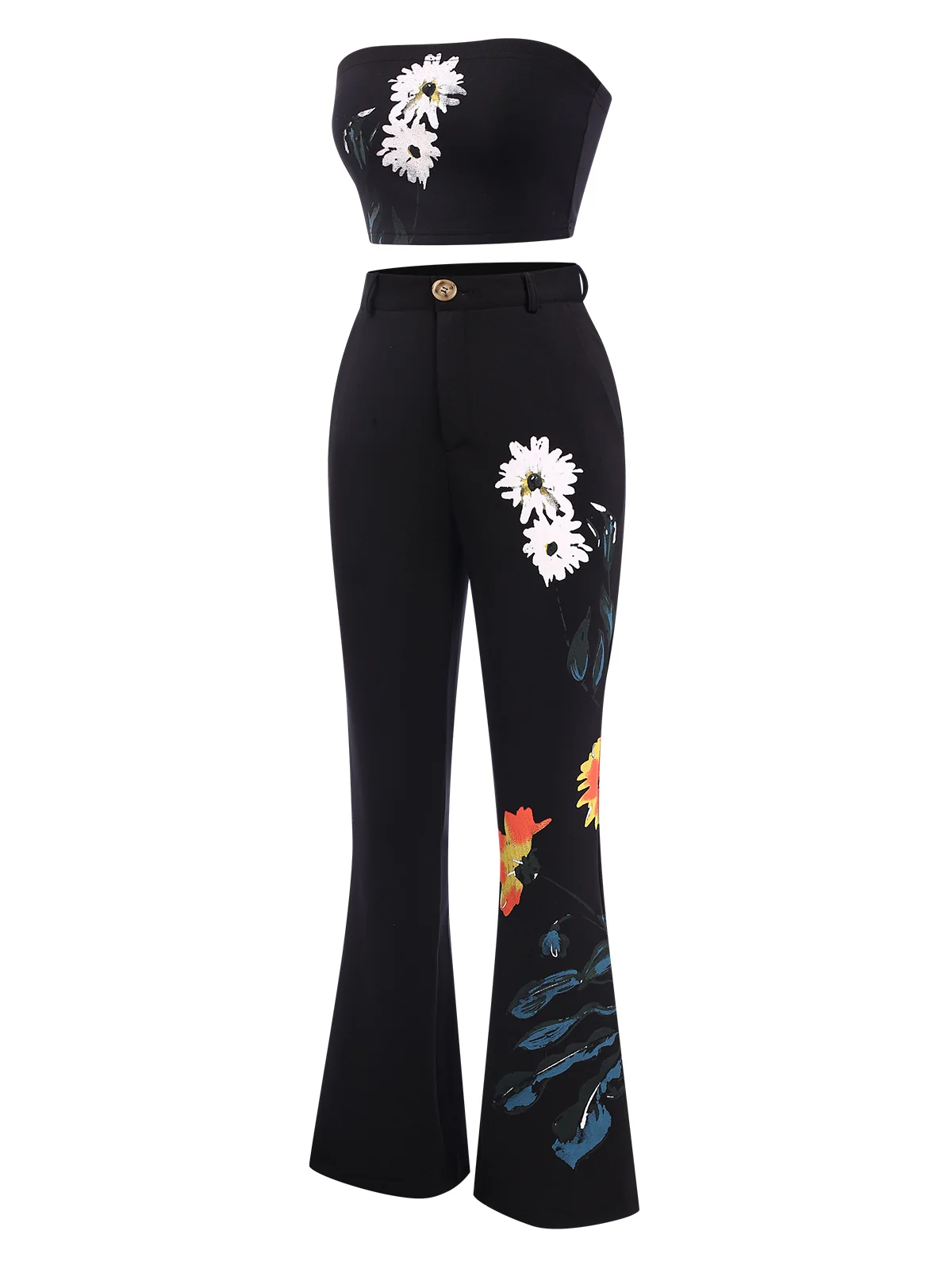 3PCS Black 1960s Floral Long Coat & Top & Pants Suit Set - Image 8