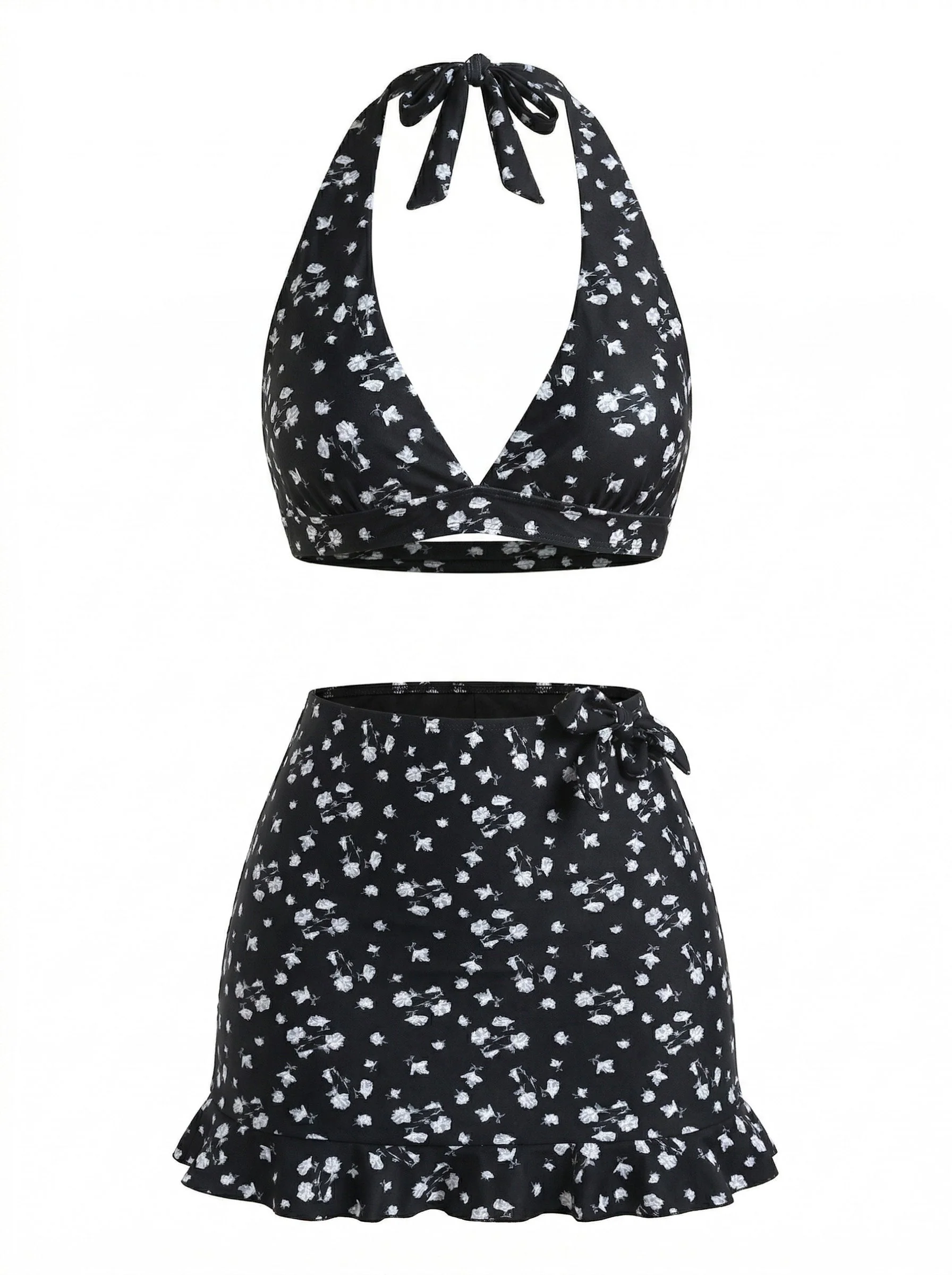 3PCS Black 1960s Halter Ditsy Floral Bikini Set & Cover-Up - Image 2