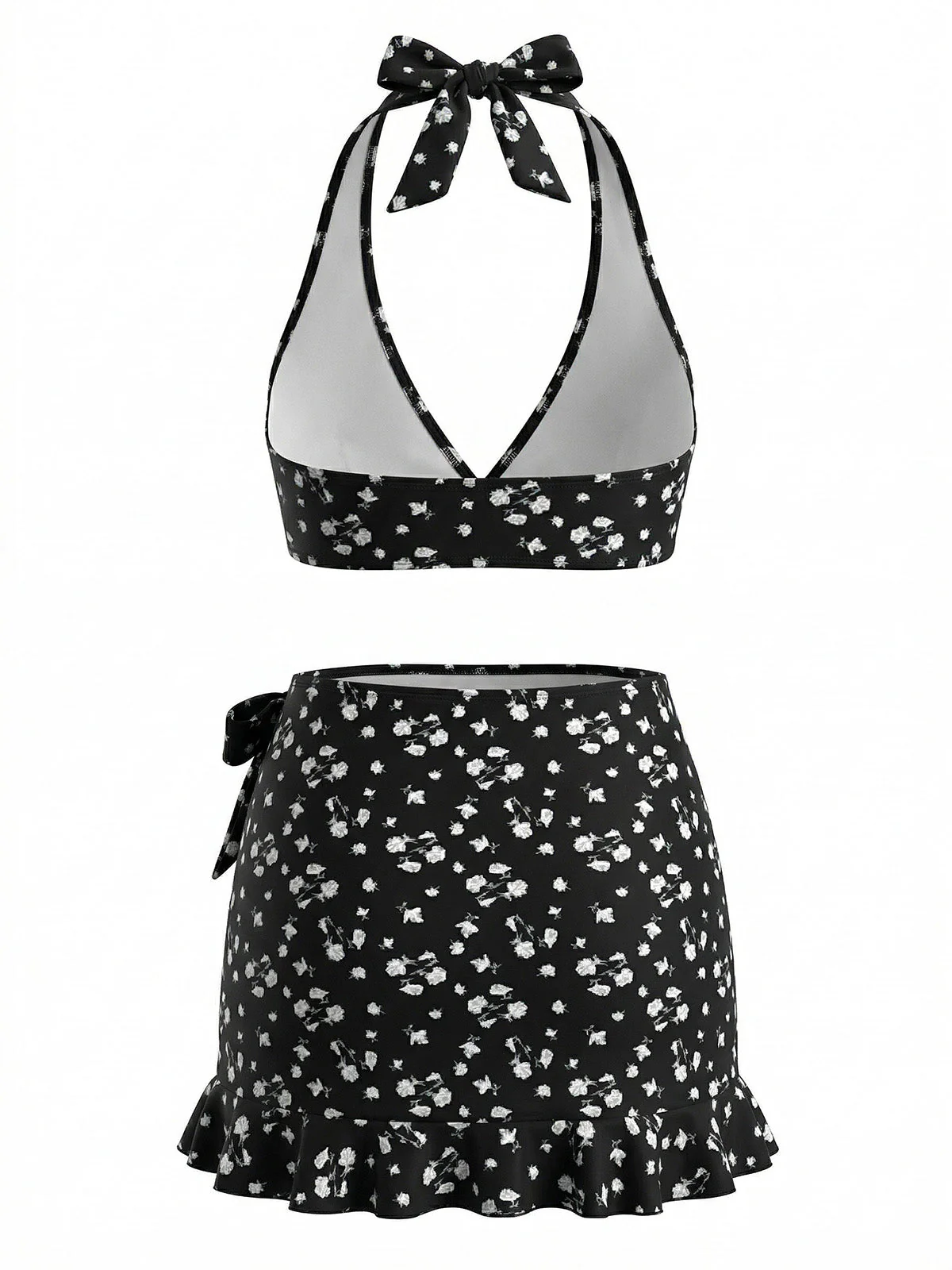 3PCS Black 1960s Halter Ditsy Floral Bikini Set & Cover-Up - Image 3