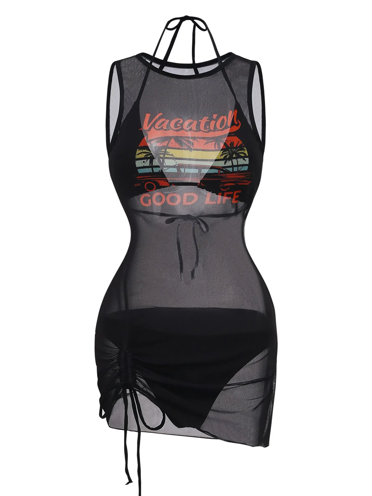 3PCS Black 1960s Vacation Print Mesh Halter Ruched Bikini Set & Cover-Up - Image 2