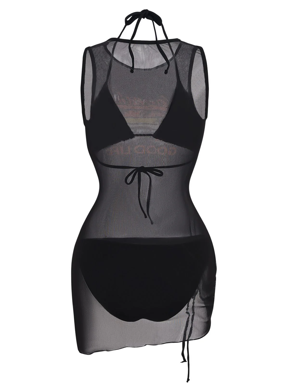 3PCS Black 1960s Vacation Print Mesh Halter Ruched Bikini Set & Cover-Up - Image 3