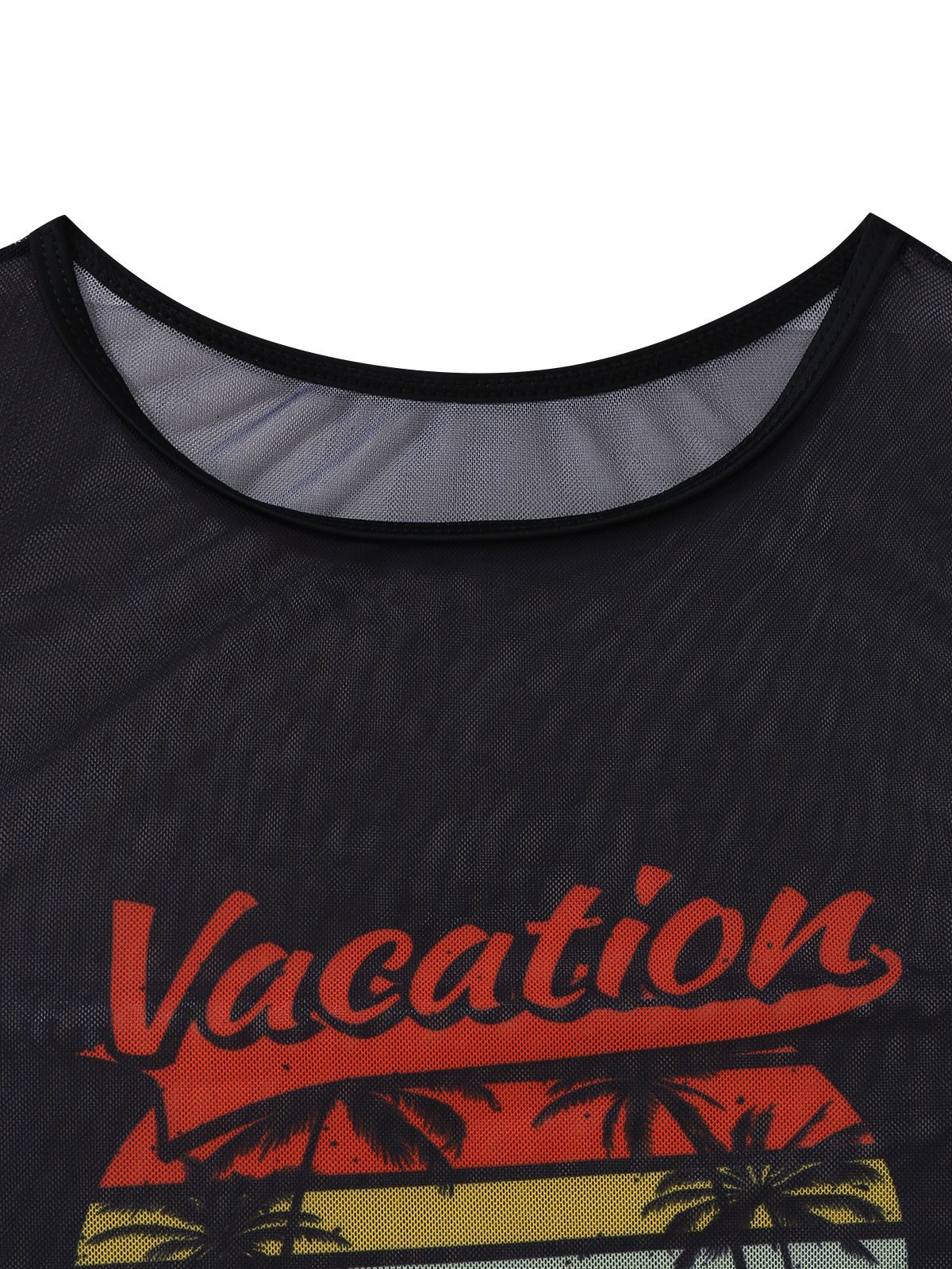 3PCS Black 1960s Vacation Print Mesh Halter Ruched Bikini Set & Cover-Up - Image 4