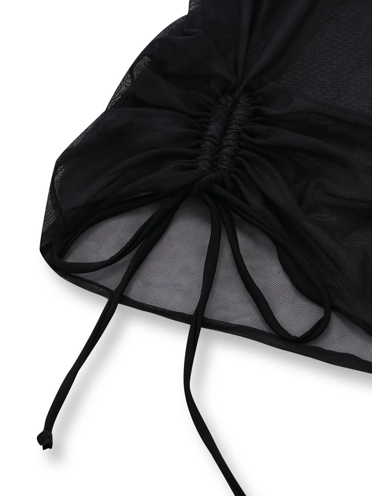 3PCS Black 1960s Vacation Print Mesh Halter Ruched Bikini Set & Cover-Up - Image 6