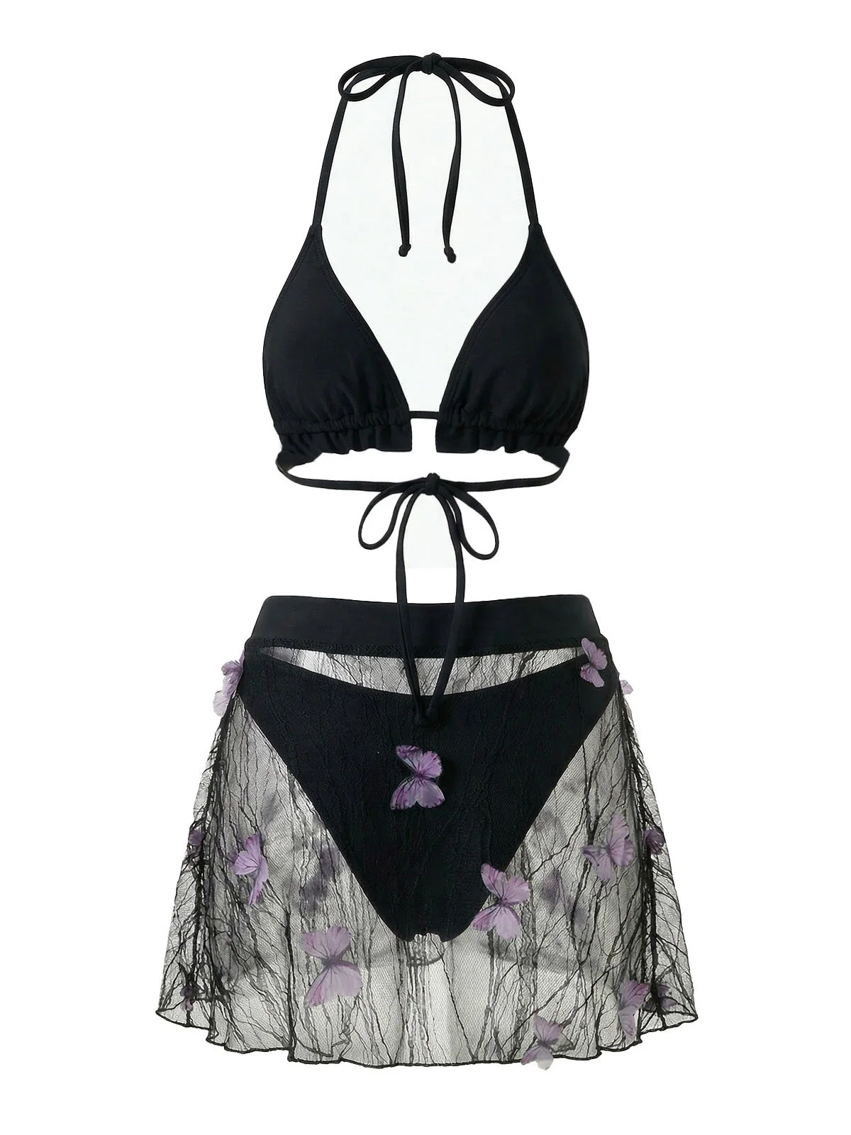 3PCS Black 1980s Butterfly Mesh Bikini Set & Cover-Up - Image 3