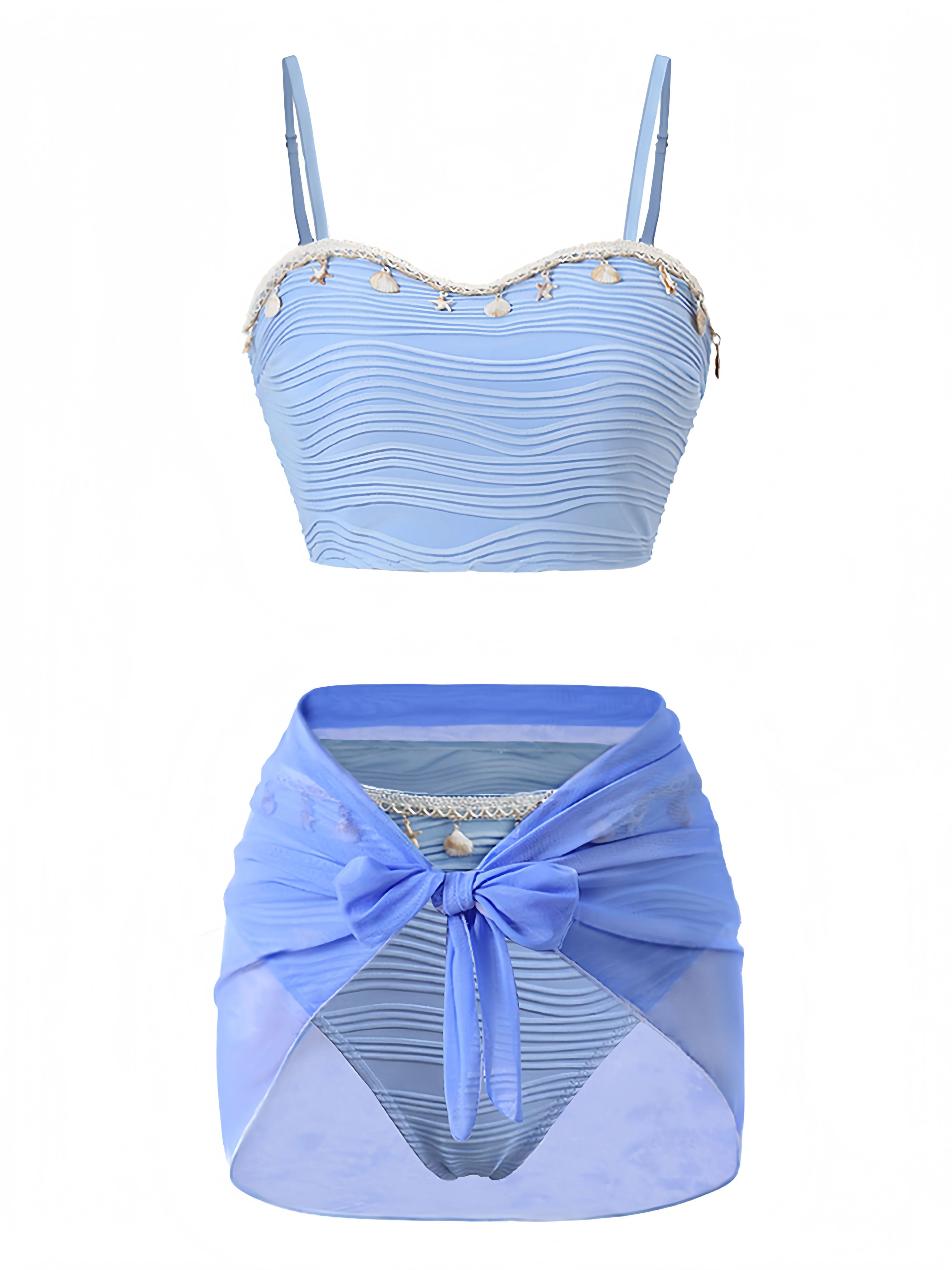 3PCS Blue 1940s Shell Special Fabric Bikini Set - Image 2