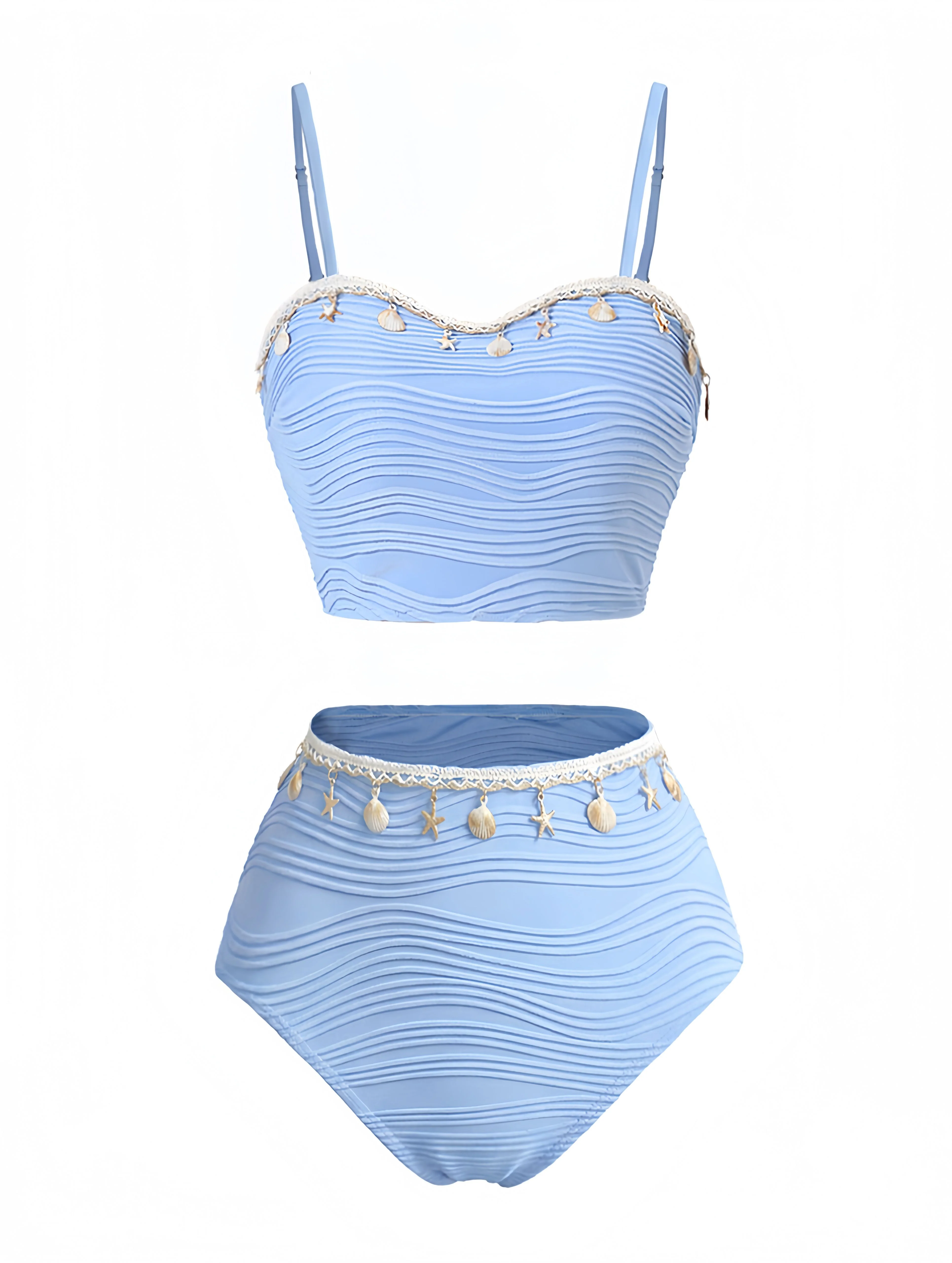 3PCS Blue 1940s Shell Special Fabric Bikini Set - Image 3
