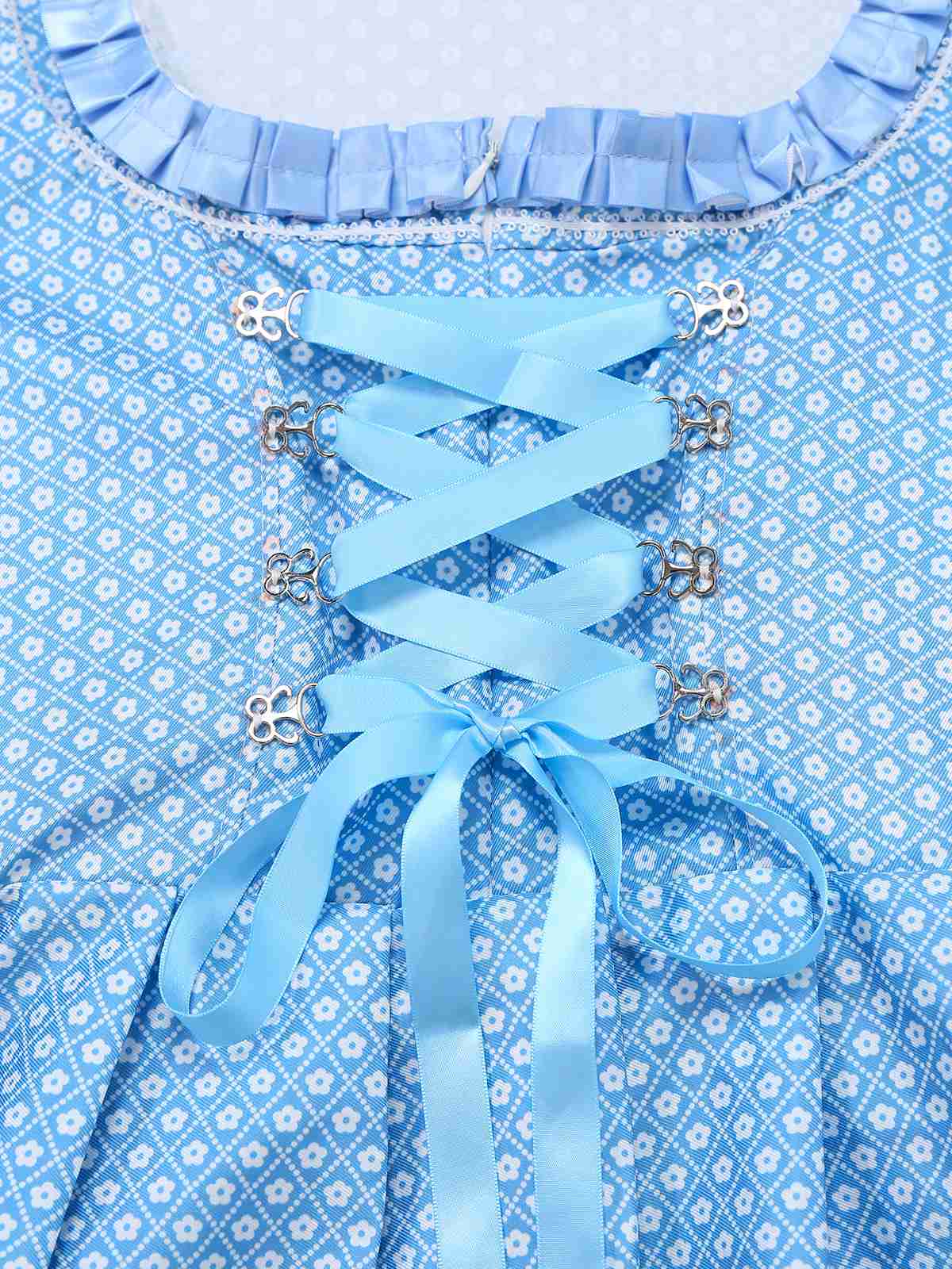 3PCS Blue 1950s Floral Dress & Embroidered Rose Apron - Image 3