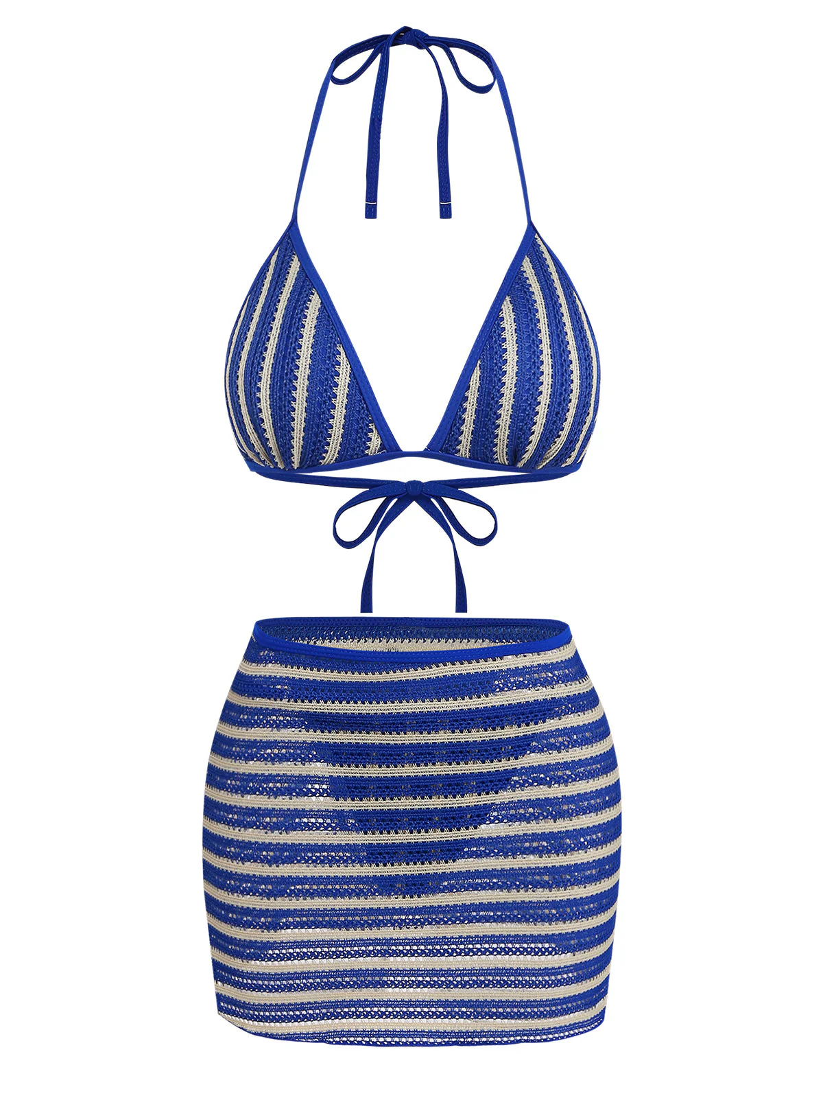 3PCS Blue 1960s Halter Striped Bikini Set & Cover Up - Image 2