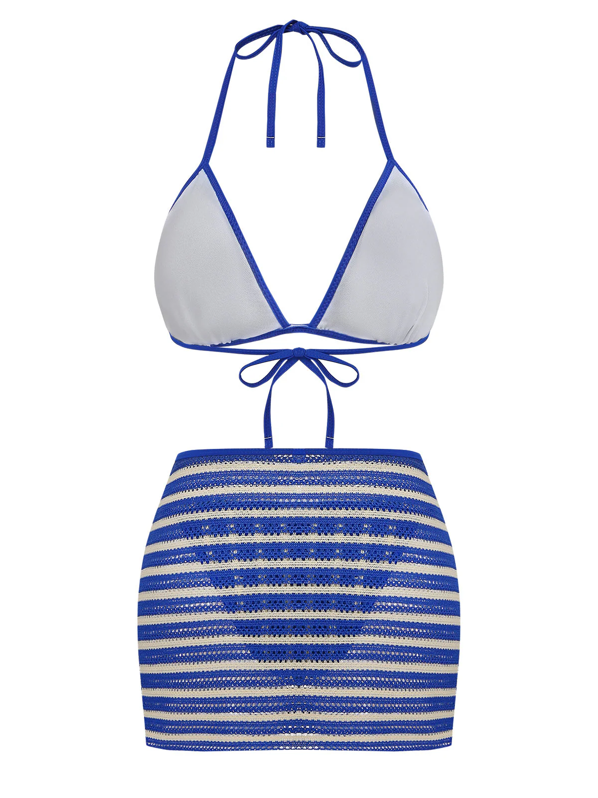 3PCS Blue 1960s Halter Striped Bikini Set & Cover Up - Image 3