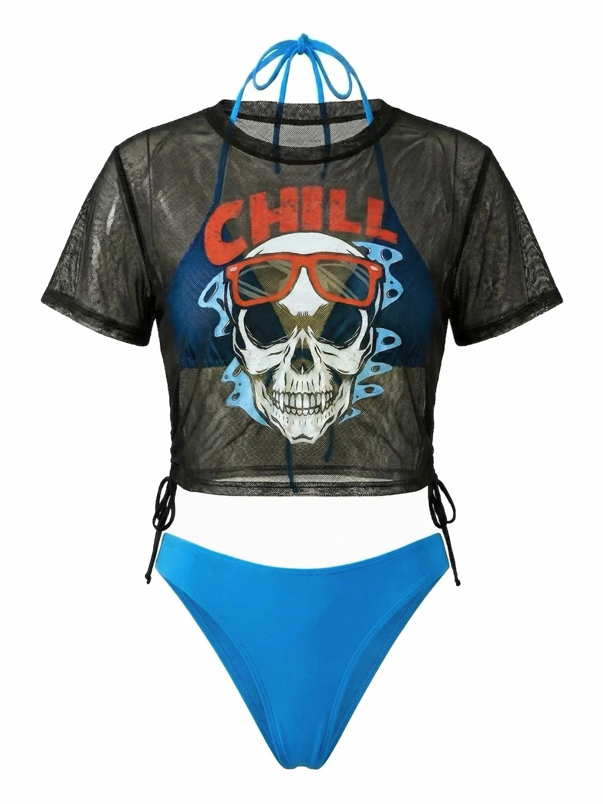 3PCS Blue 1970s Gothic Skull Tie Mesh Biniki Set & Cover-Up Tee - Image 2