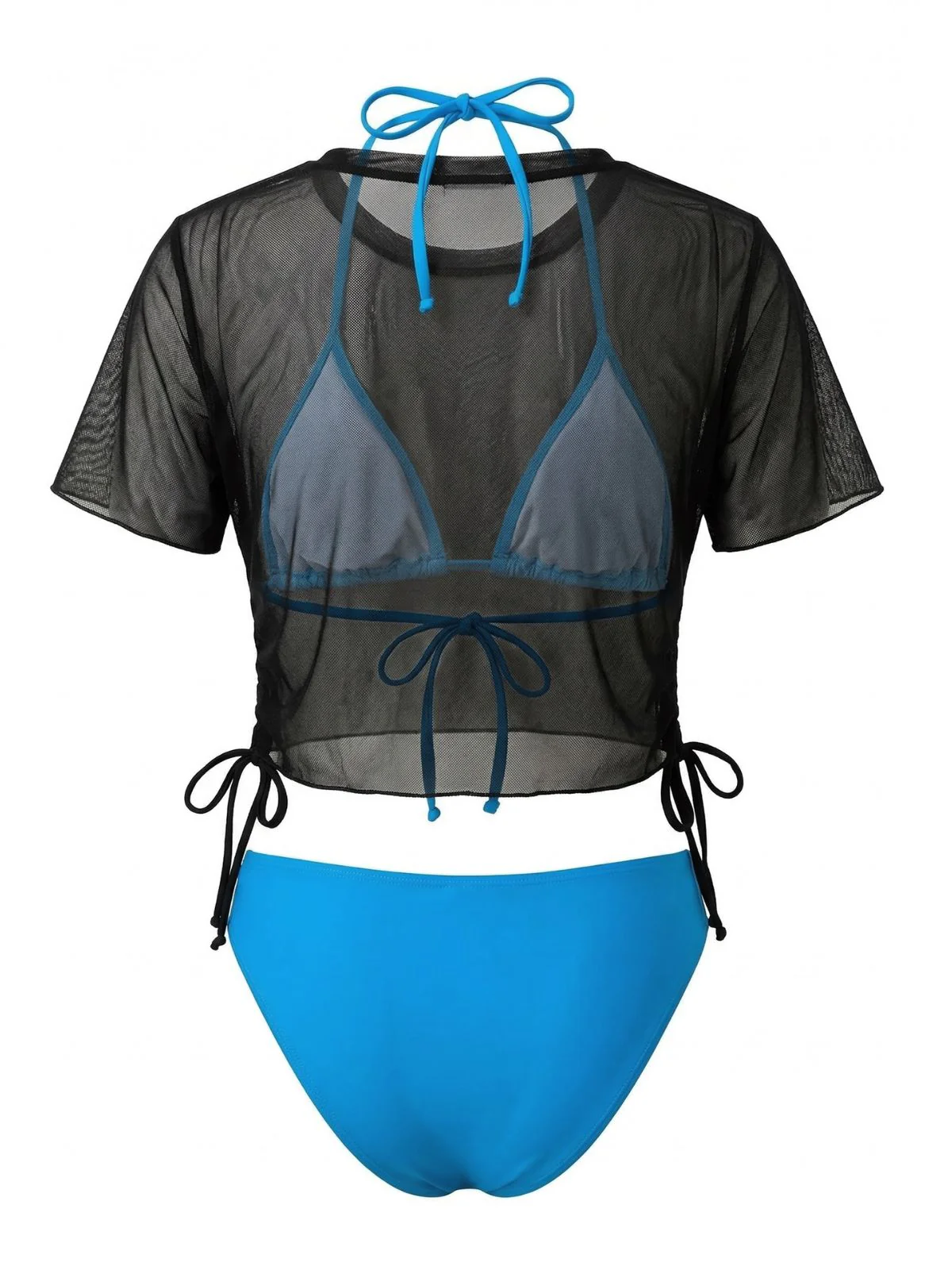 3PCS Blue 1970s Gothic Skull Tie Mesh Biniki Set & Cover-Up Tee - Image 3
