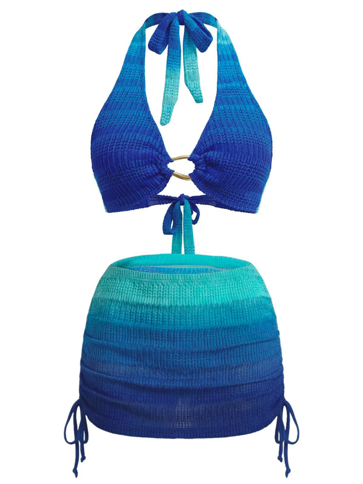 3PCS Blue 1980s Gradient Bikini Set & Skirt Cover-Up - Image 2