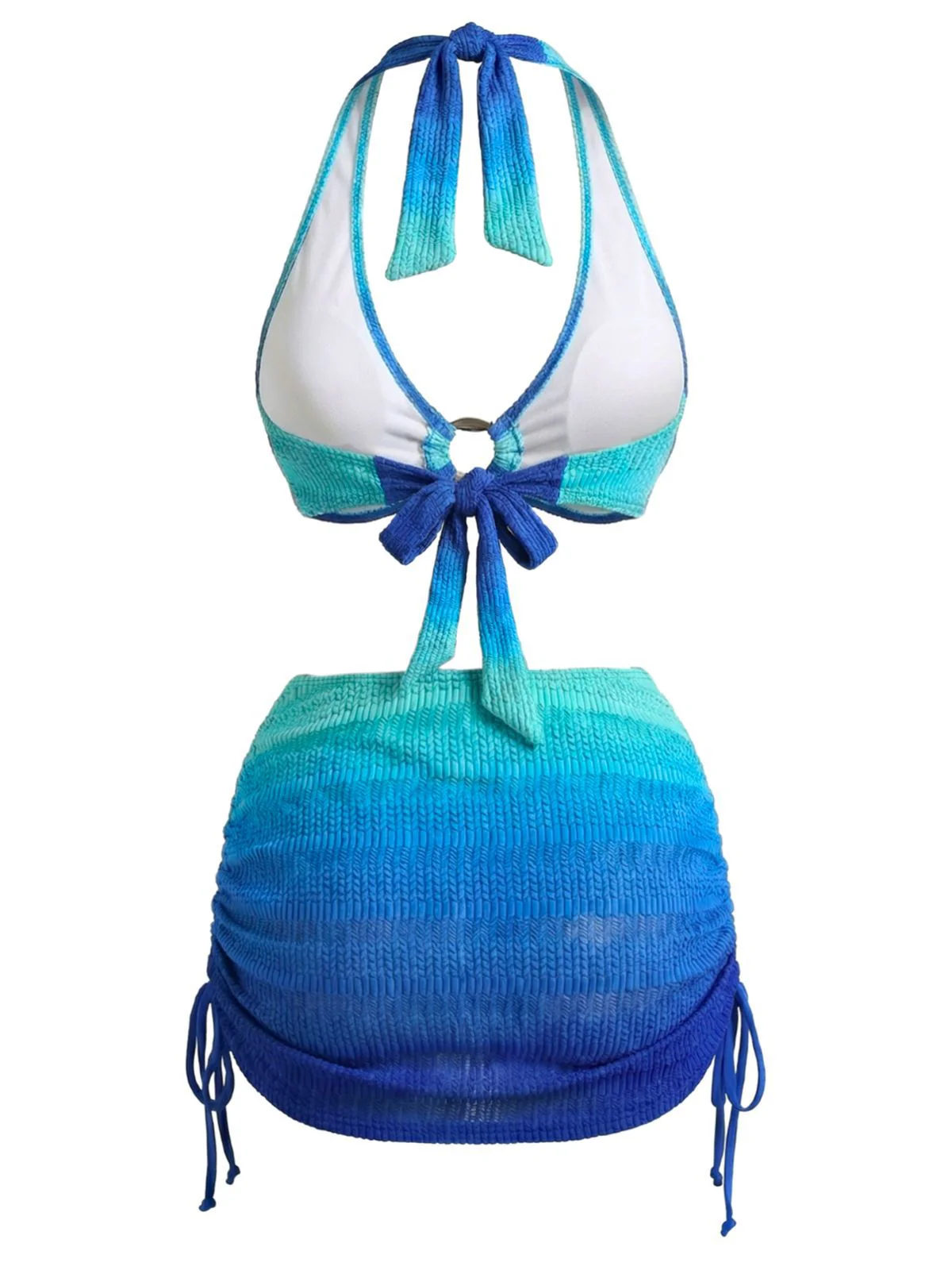 3PCS Blue 1980s Gradient Bikini Set & Skirt Cover-Up - Image 3