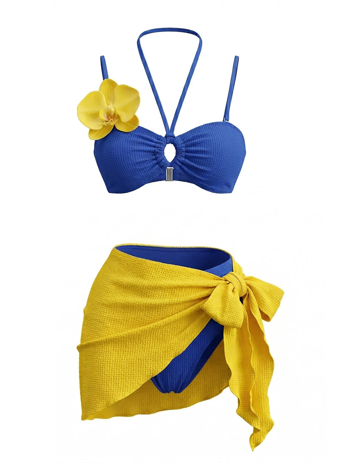 3PCS Blue 1980s Phalaenopsis Halter Bikini Set & Yellow Sarong - Image 2