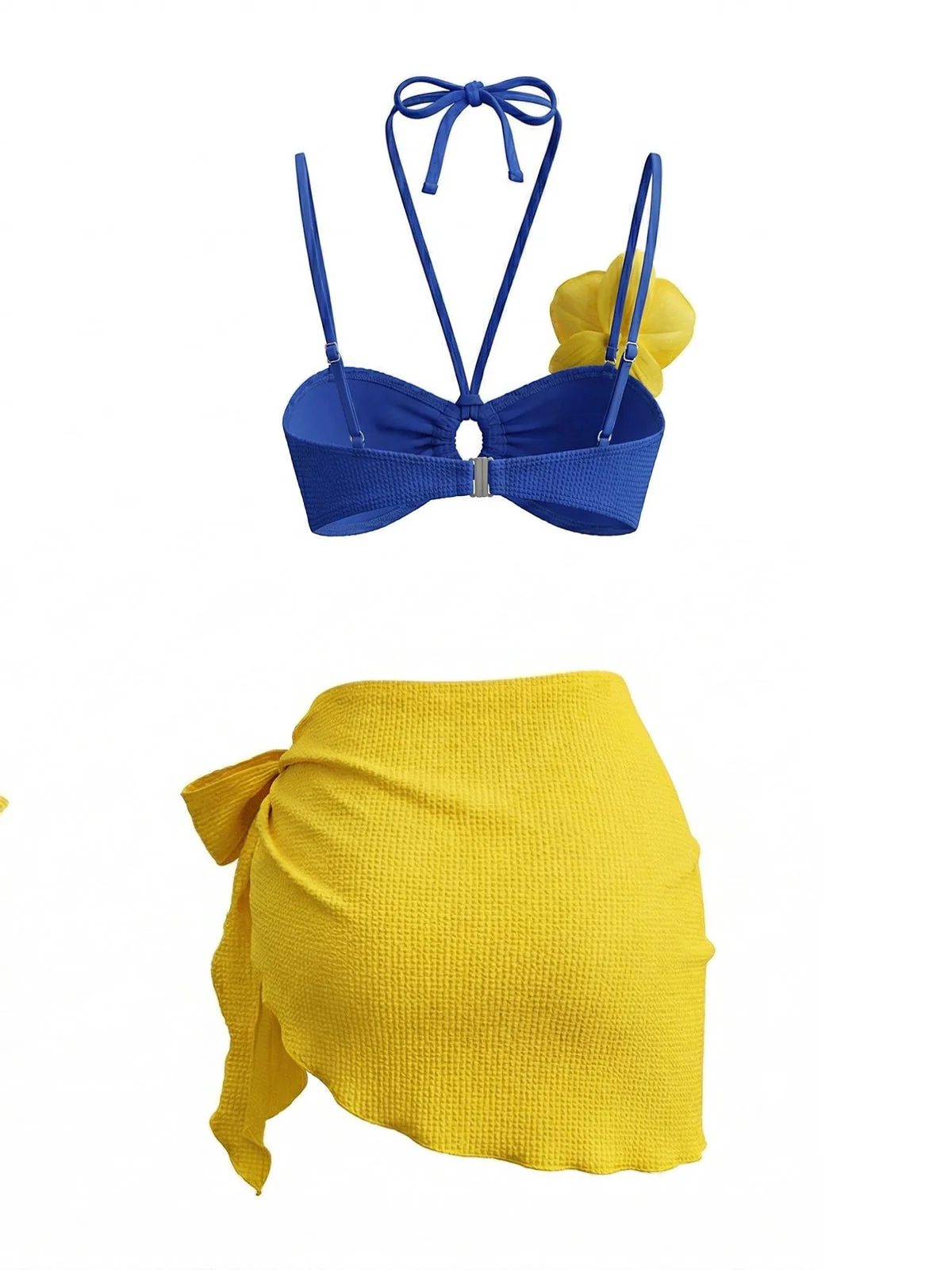3PCS Blue 1980s Phalaenopsis Halter Bikini Set & Yellow Sarong - Image 3