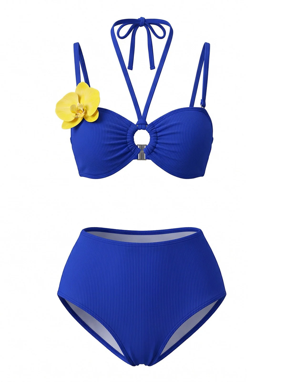 3PCS Blue 1980s Phalaenopsis Halter Bikini Set & Yellow Sarong - Image 4
