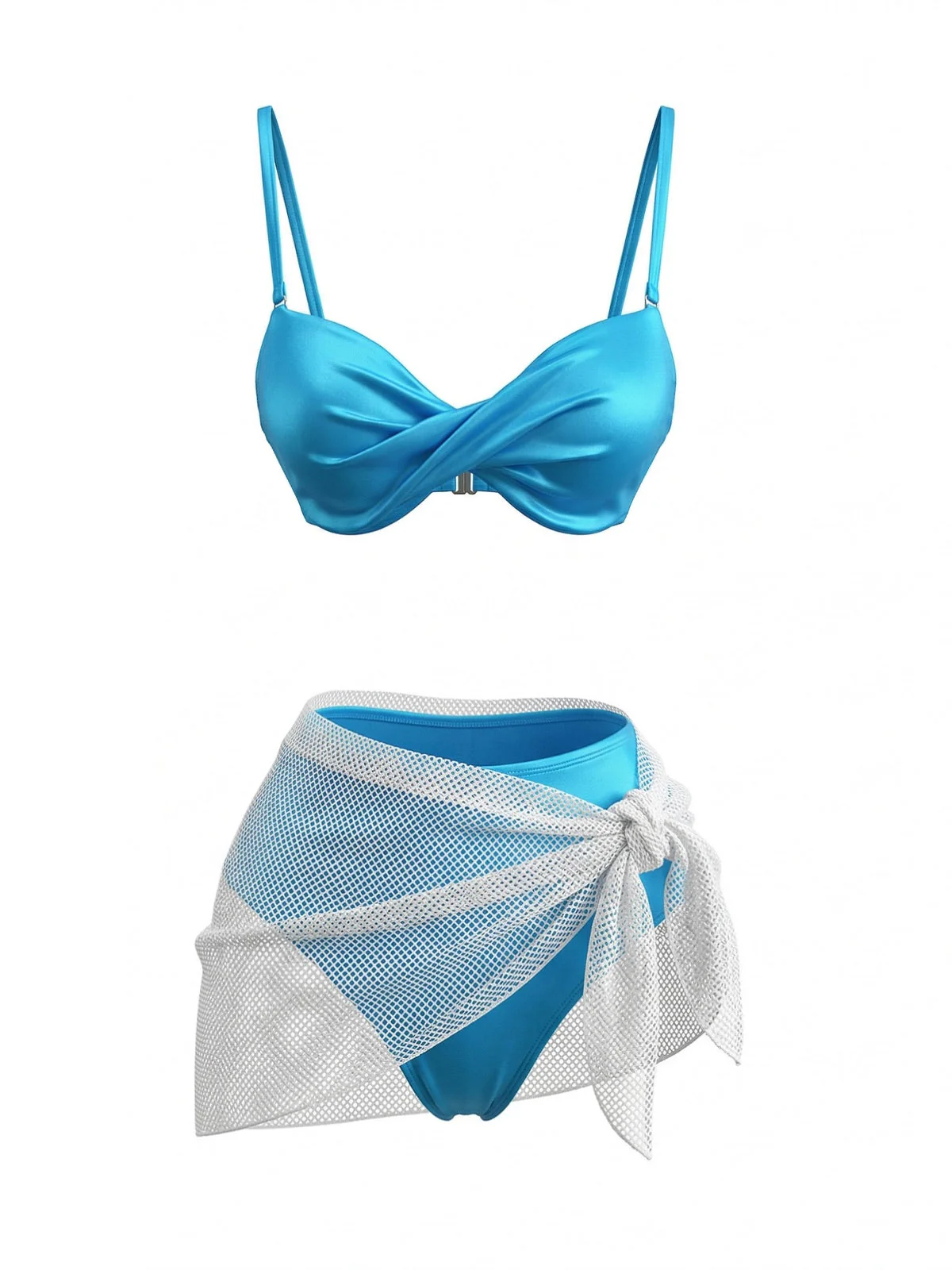 3PCS Blue 1980s Solid Shiny Satin High Waist Bikini & Mesh Cover-Up - Image 2