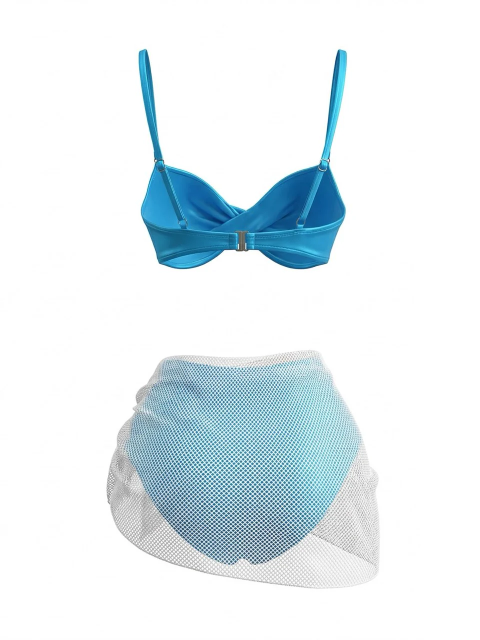 3PCS Blue 1980s Solid Shiny Satin High Waist Bikini & Mesh Cover-Up - Image 3