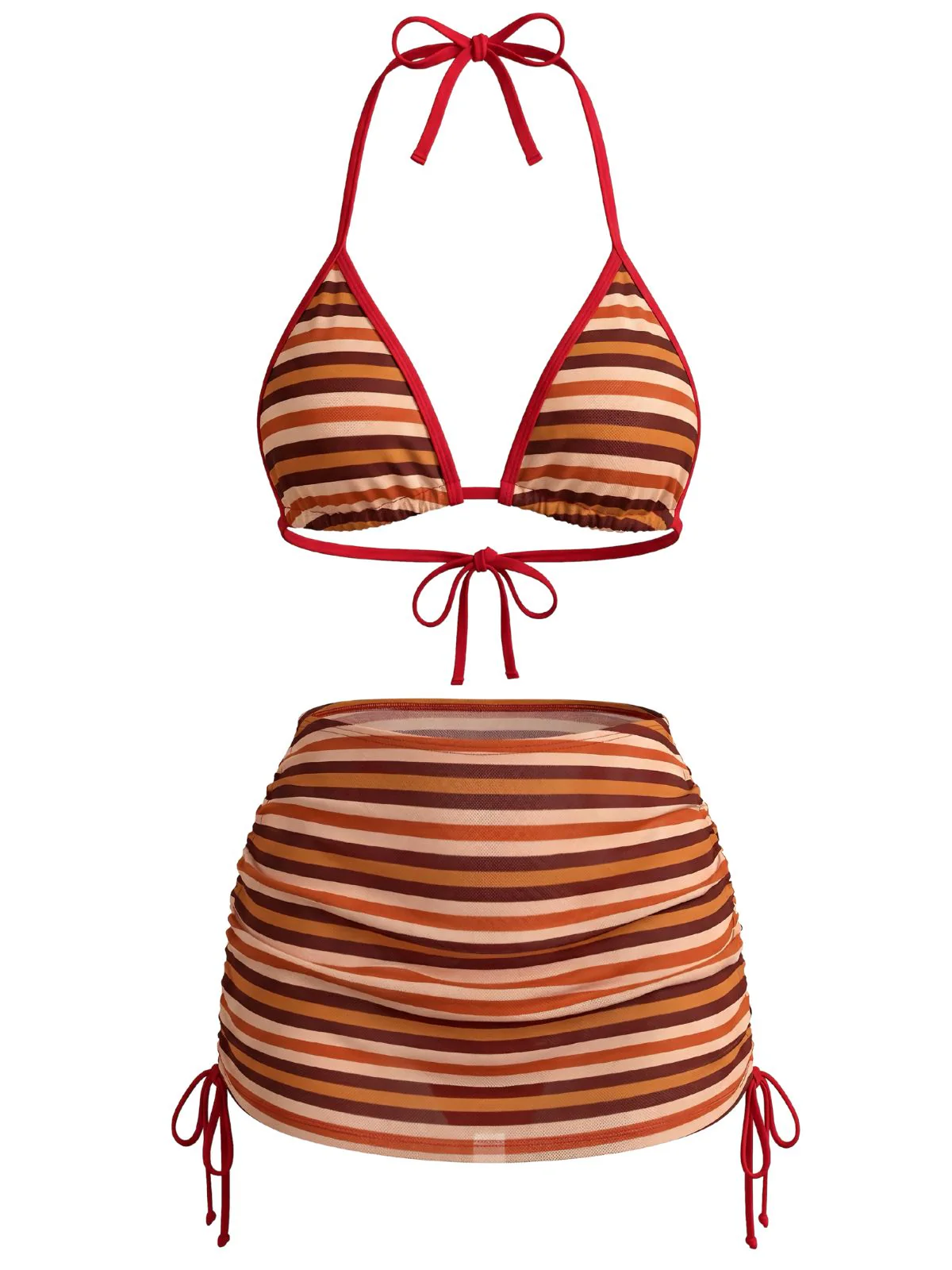 3PCS Brown 1960s Stripe Halter Bikini Set & Ruched Skirt - Image 2