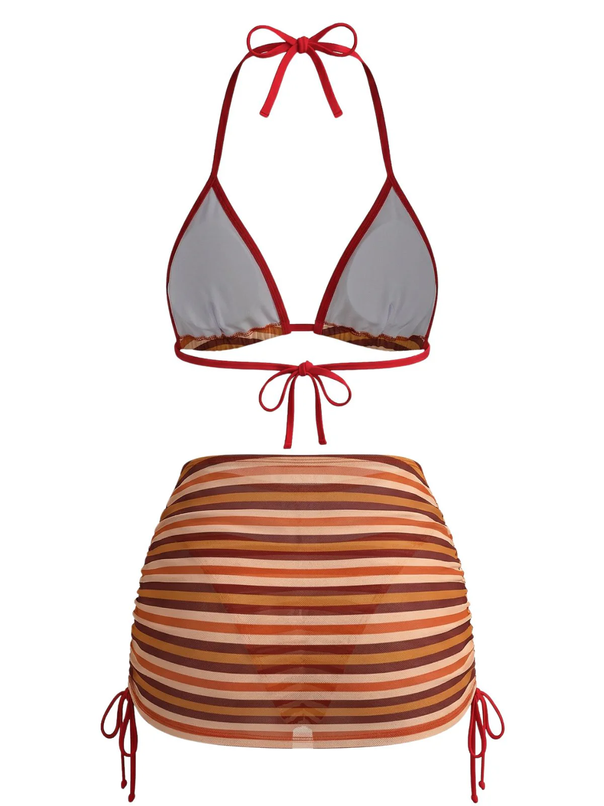 3PCS Brown 1960s Stripe Halter Bikini Set & Ruched Skirt - Image 3