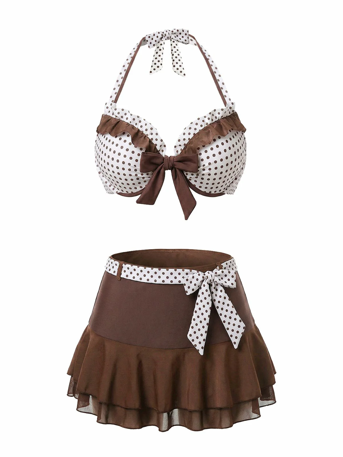 3PCS Brown 1970s Polka Dot Ruffle Halter Swimsuit Set - Image 2