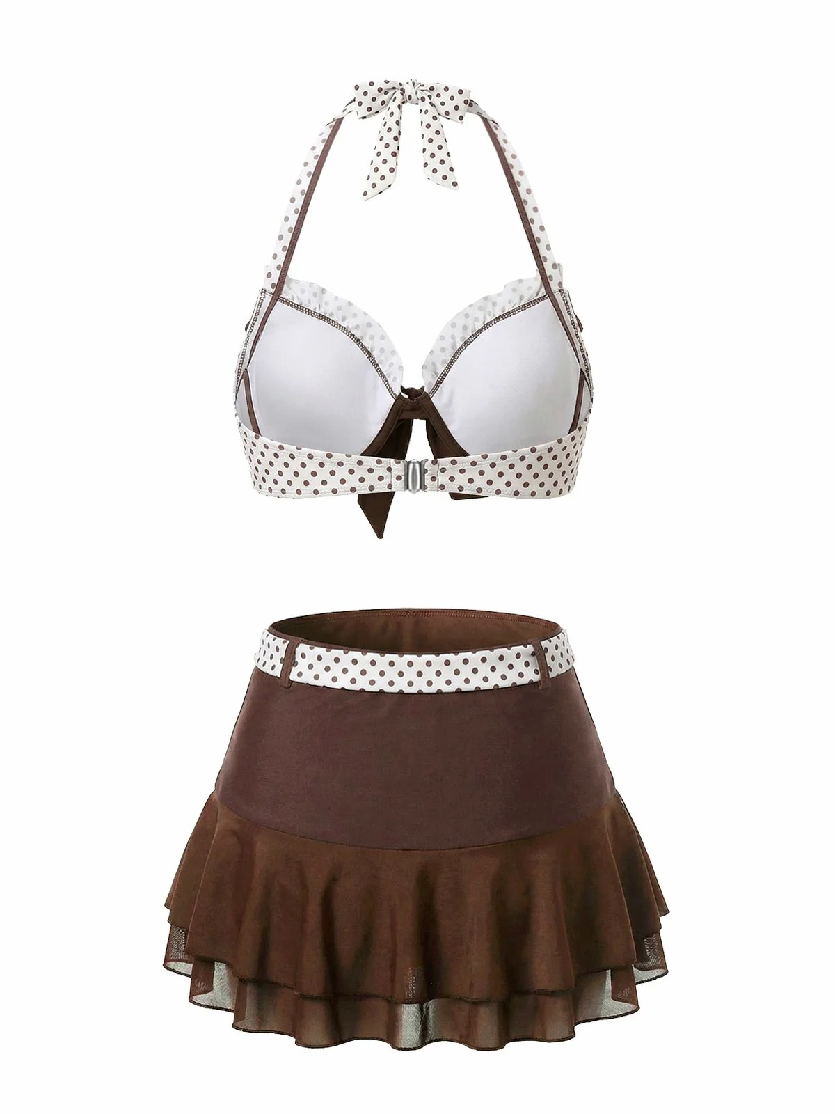 3PCS Brown 1970s Polka Dot Ruffle Halter Swimsuit Set - Image 3
