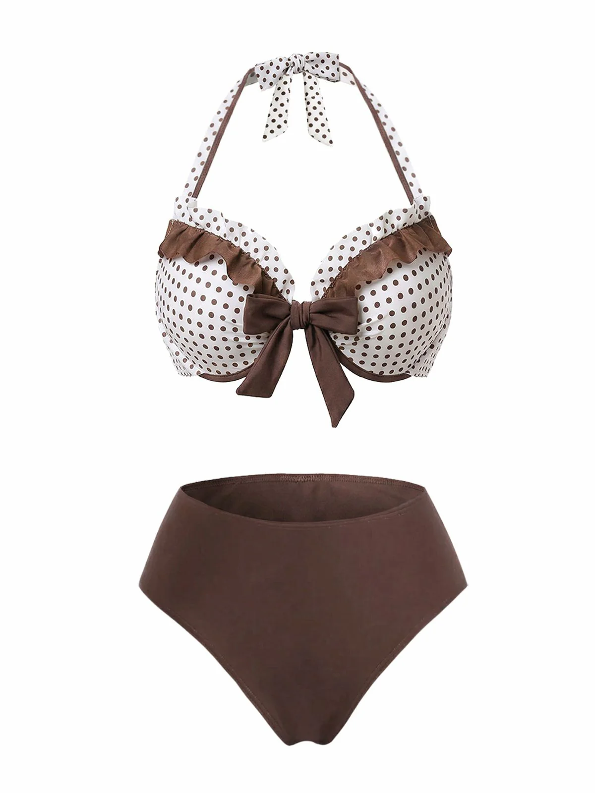 3PCS Brown 1970s Polka Dot Ruffle Halter Swimsuit Set - Image 4