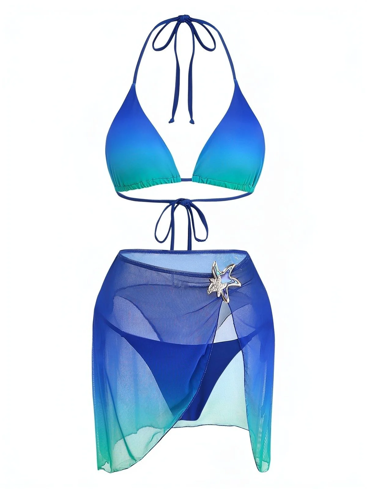 3PCS Dark Blue 2000s Gradient Triangle Bikini Set & Cover-Up - Image 2
