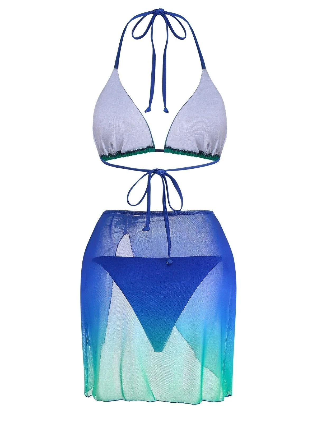3PCS Dark Blue 2000s Gradient Triangle Bikini Set & Cover-Up - Image 3