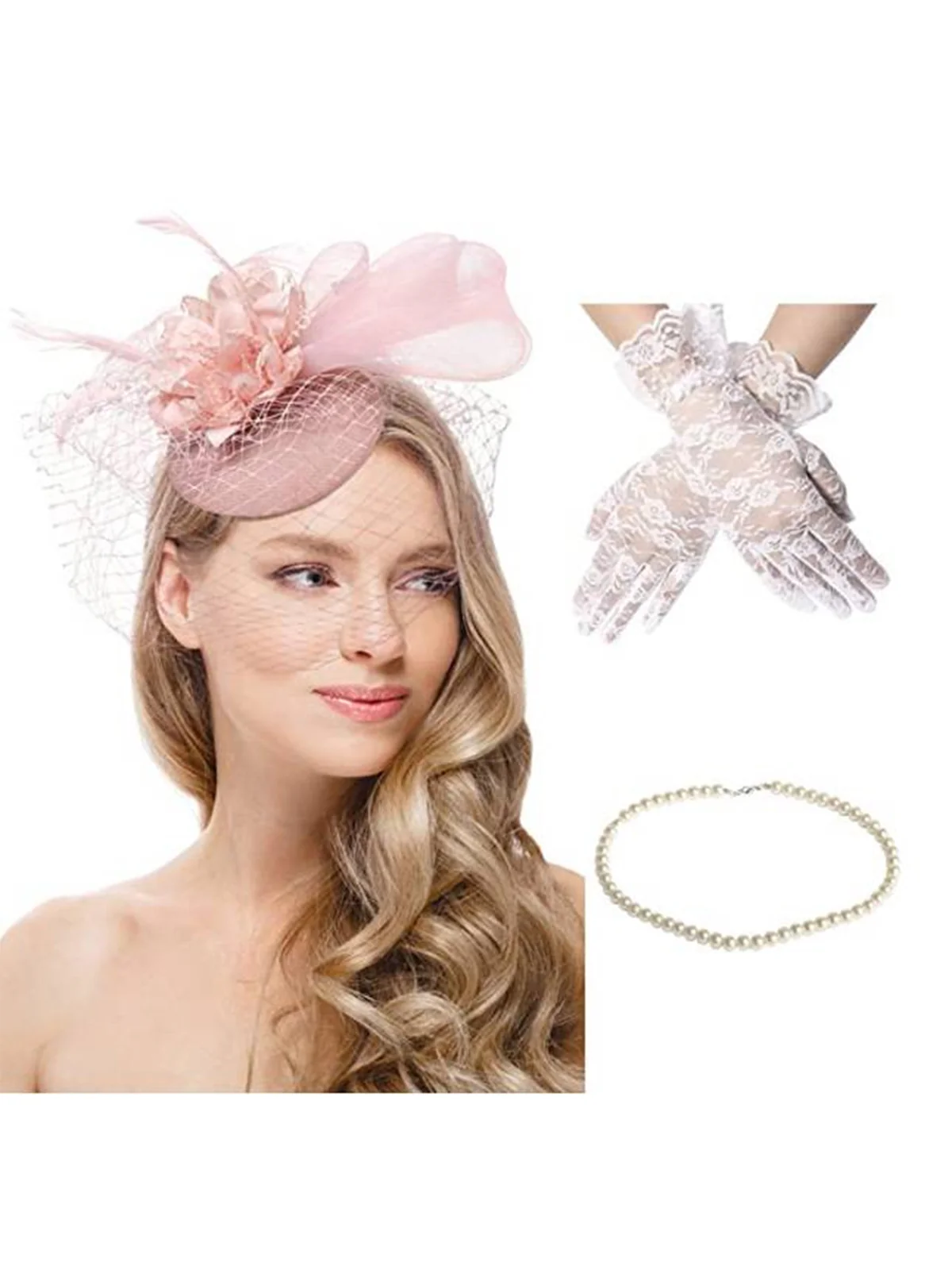 3PCS Feather Hat And Necklace And Lace Gloves - Image 2