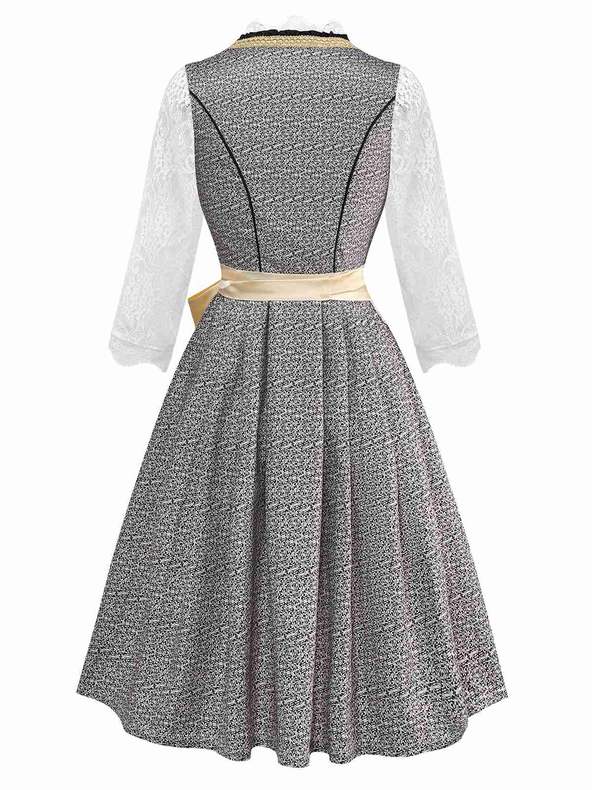 3PCS Gold 1950s Lace Top & Square Neck Floral Dress - Image 2