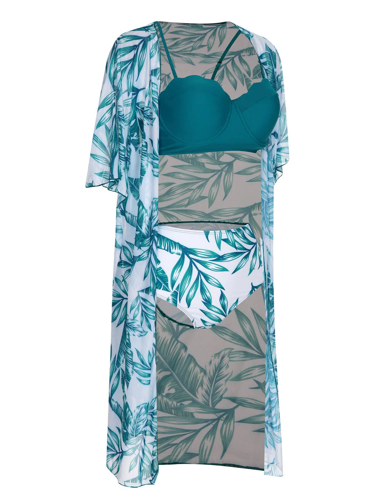 3PCS Green 1950s Ceramics Plant Prints Swimsuit & Cover-Up - Image 3