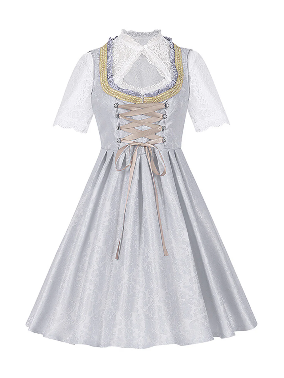 3PCS Gray 1950s Ethnic Floral Lace Top & Lace-Up Dress - Image 2