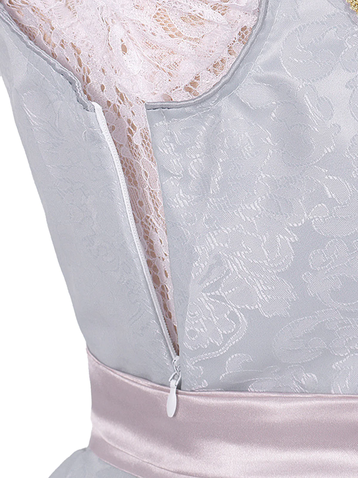 3PCS Gray 1950s Ethnic Floral Lace Top & Lace-Up Dress - Image 5