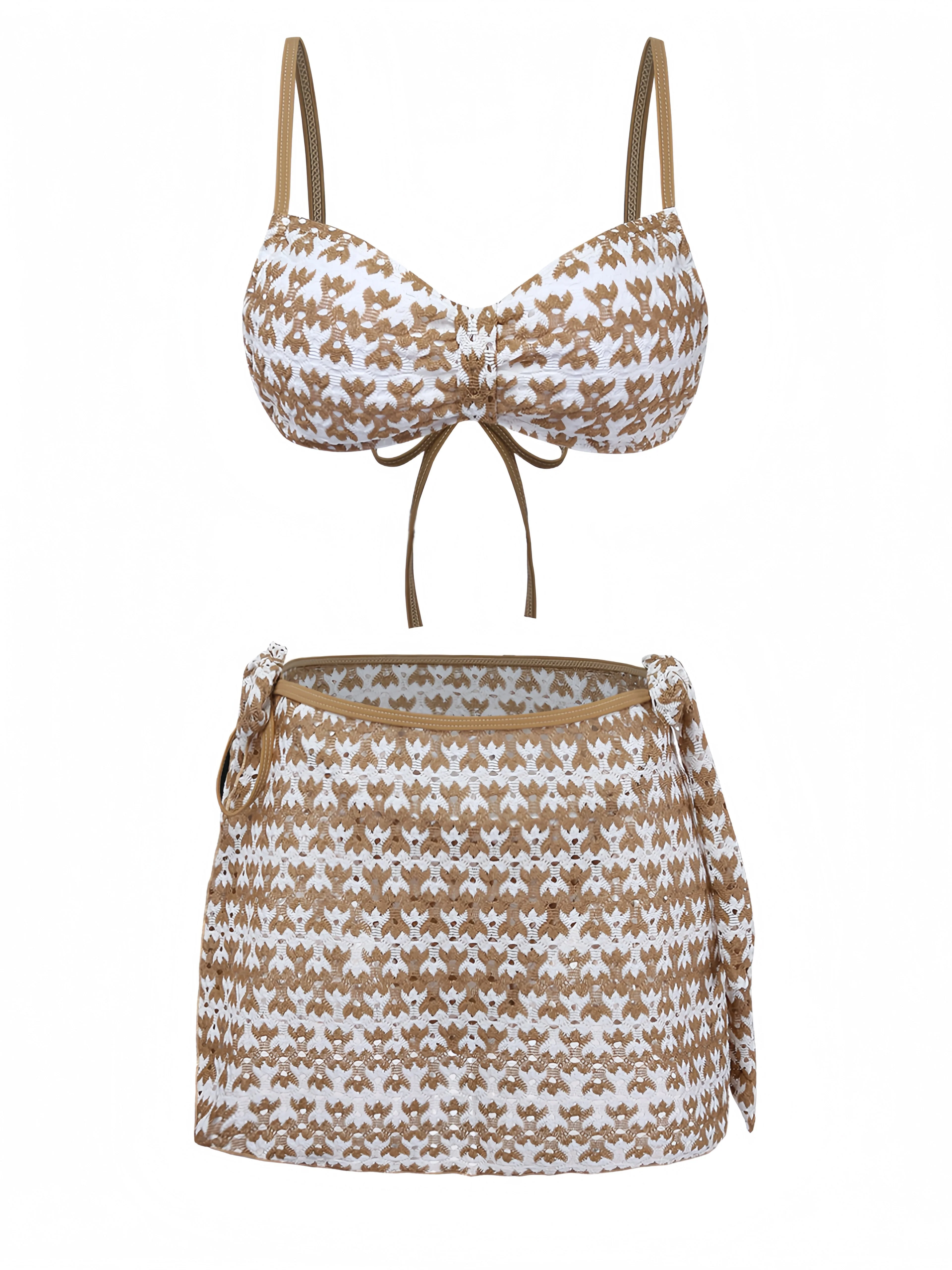 3PCS Khaki 1950s Crochet Hollow Bikini Set & Cover Up - Image 2