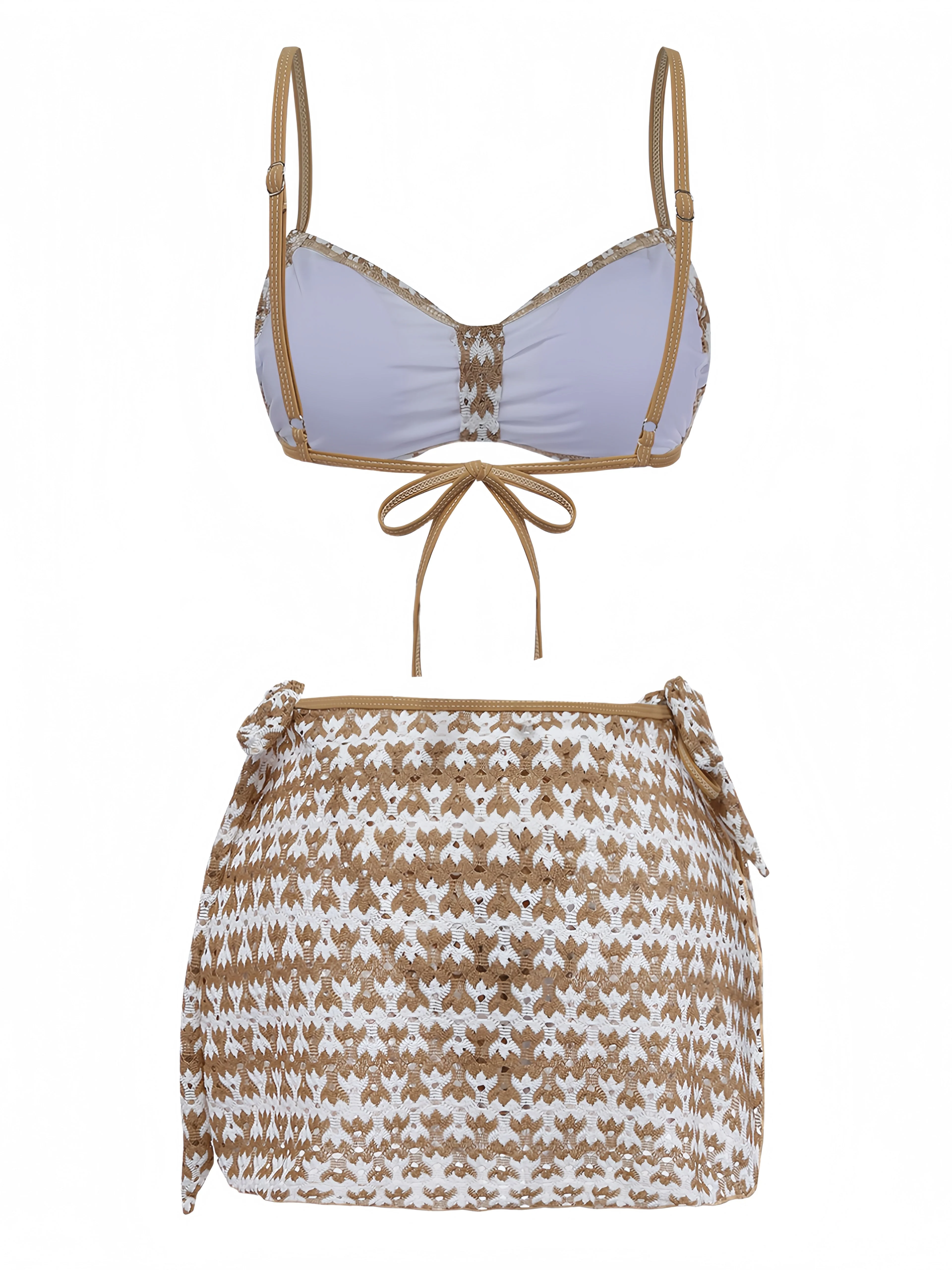 3PCS Khaki 1950s Crochet Hollow Bikini Set & Cover Up - Image 3